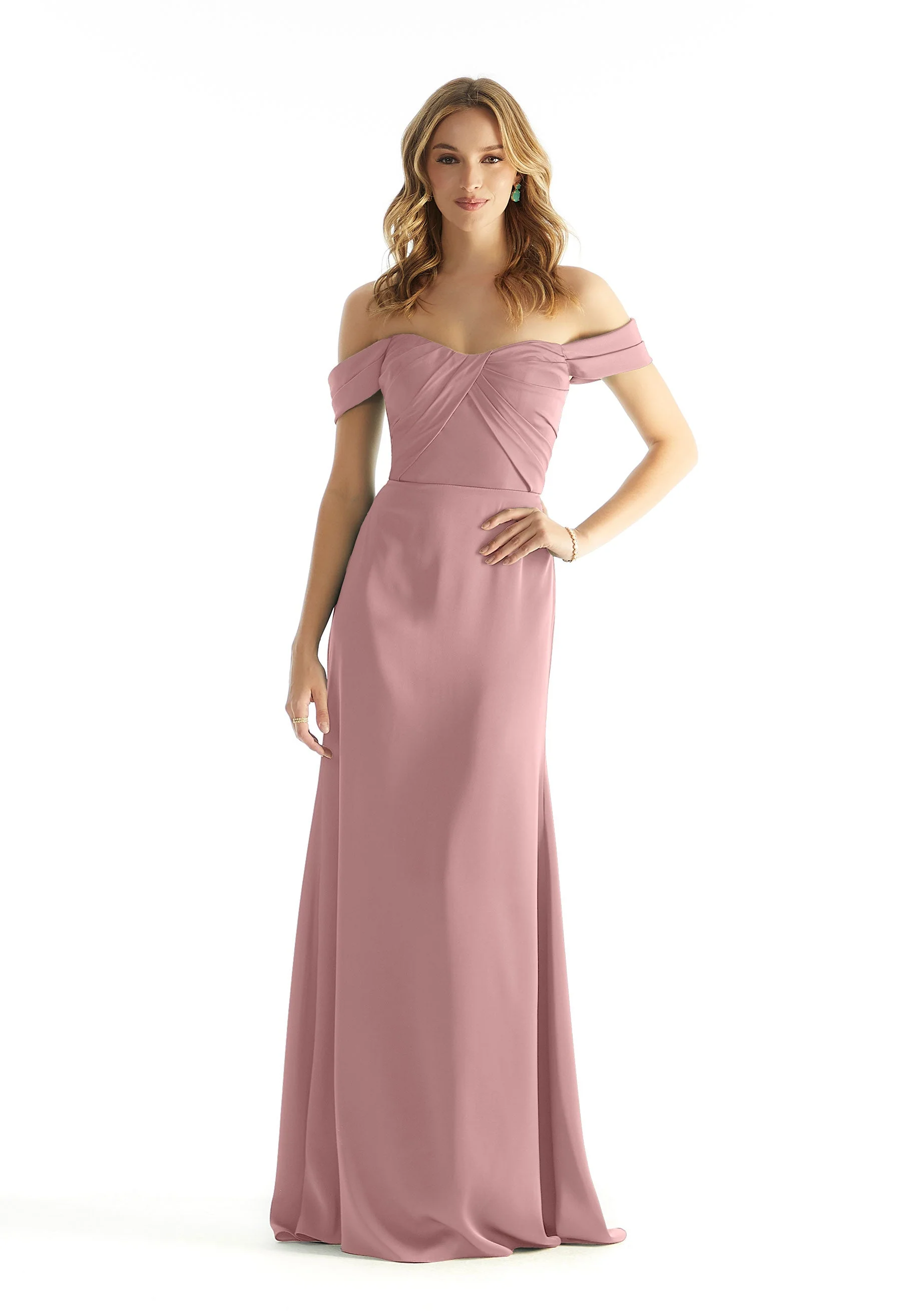 Pleated Off The Shoulder Luxe Satin Bridesmaid Dress - Image 6