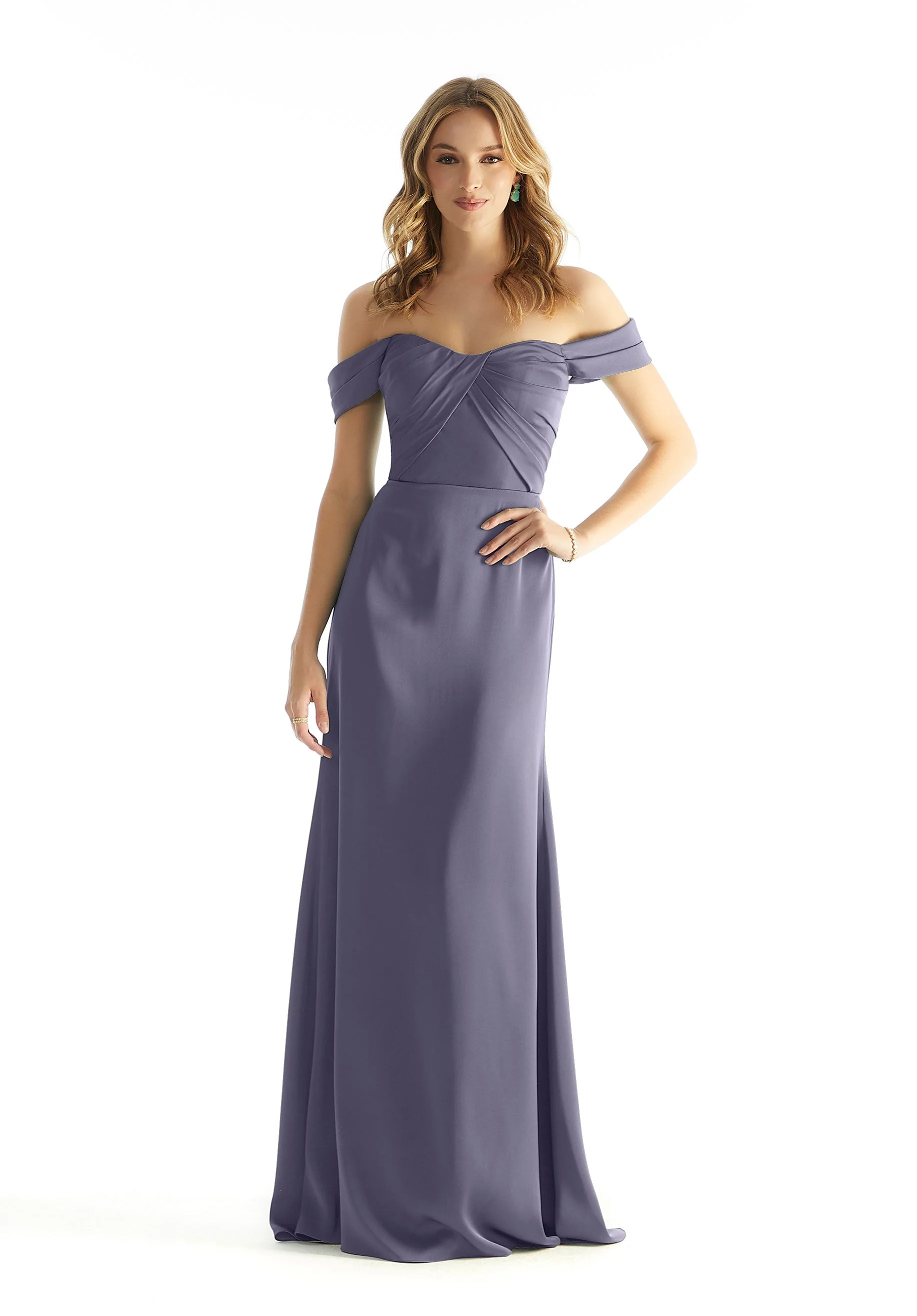 Pleated Off The Shoulder Luxe Satin Bridesmaid Dress - Image 9