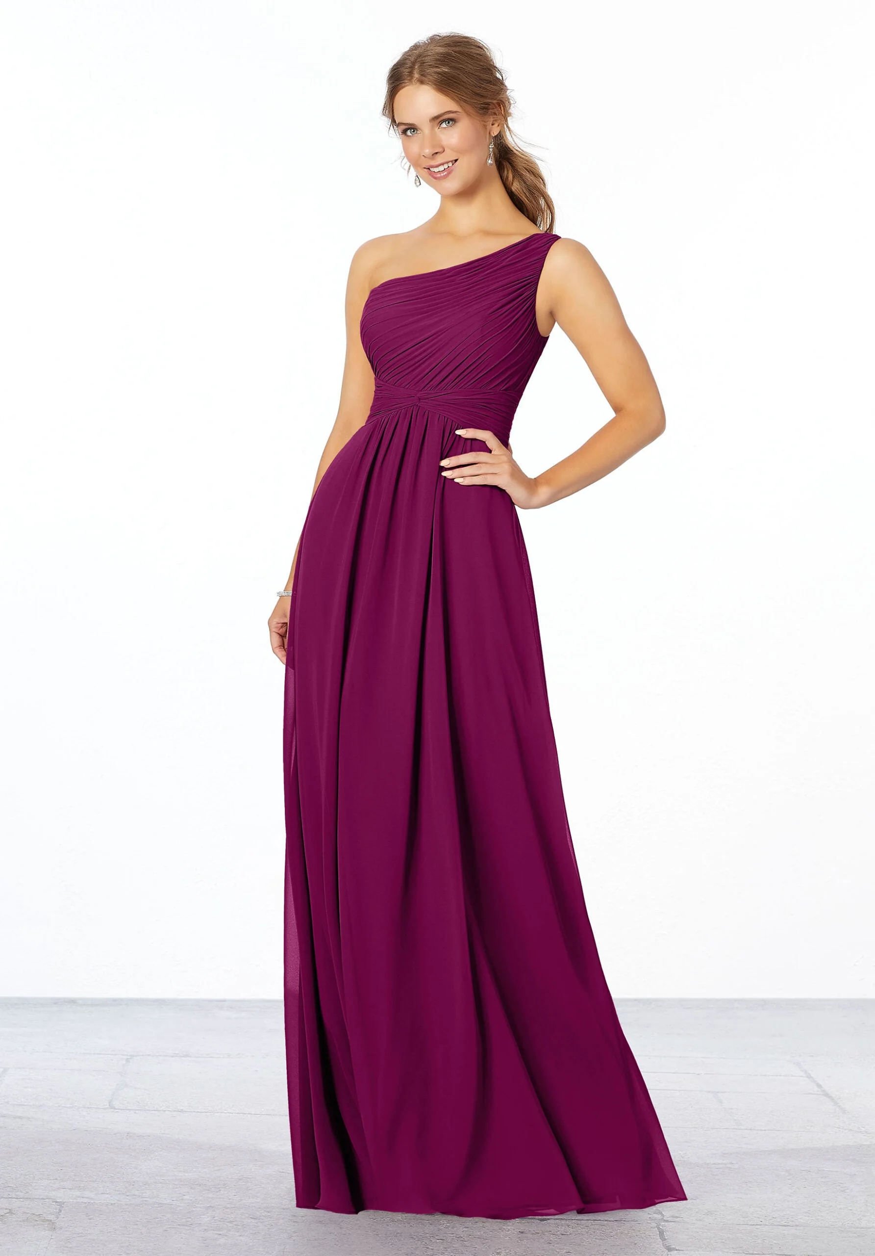 Pleated, One-Shoulder Chiffon Bridesmaid Dress - Image 19