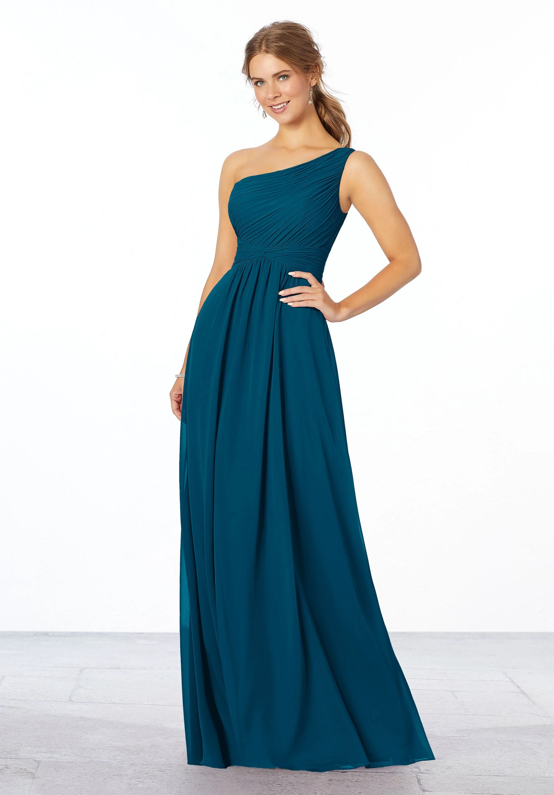 Pleated, One-Shoulder Chiffon Bridesmaid Dress - Image 22