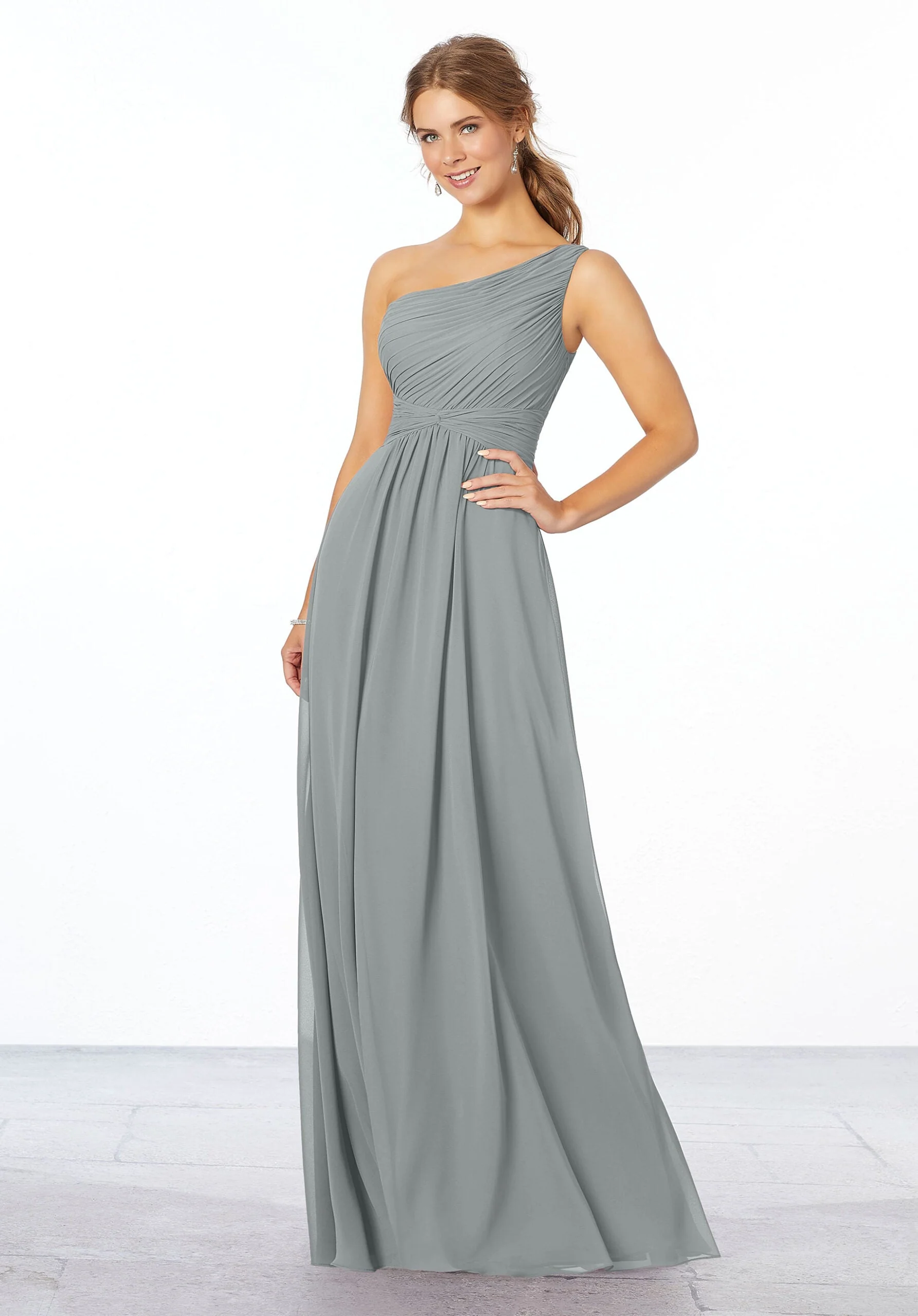 Pleated, One-Shoulder Chiffon Bridesmaid Dress - Image 28