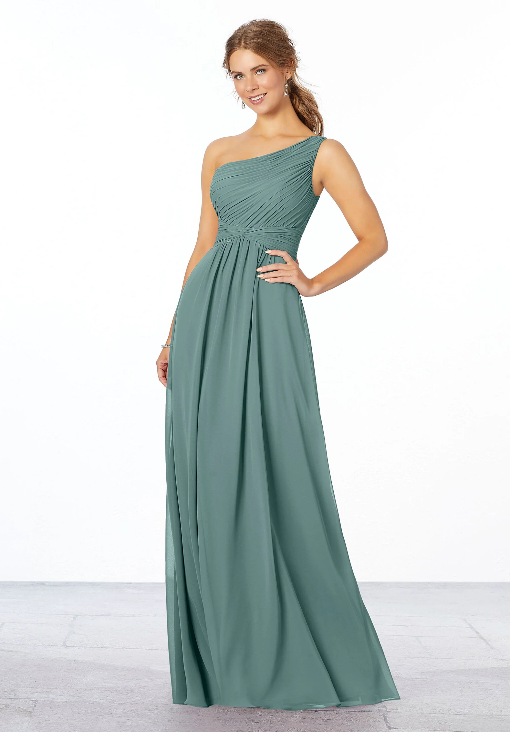 Pleated, One-Shoulder Chiffon Bridesmaid Dress - Image 31