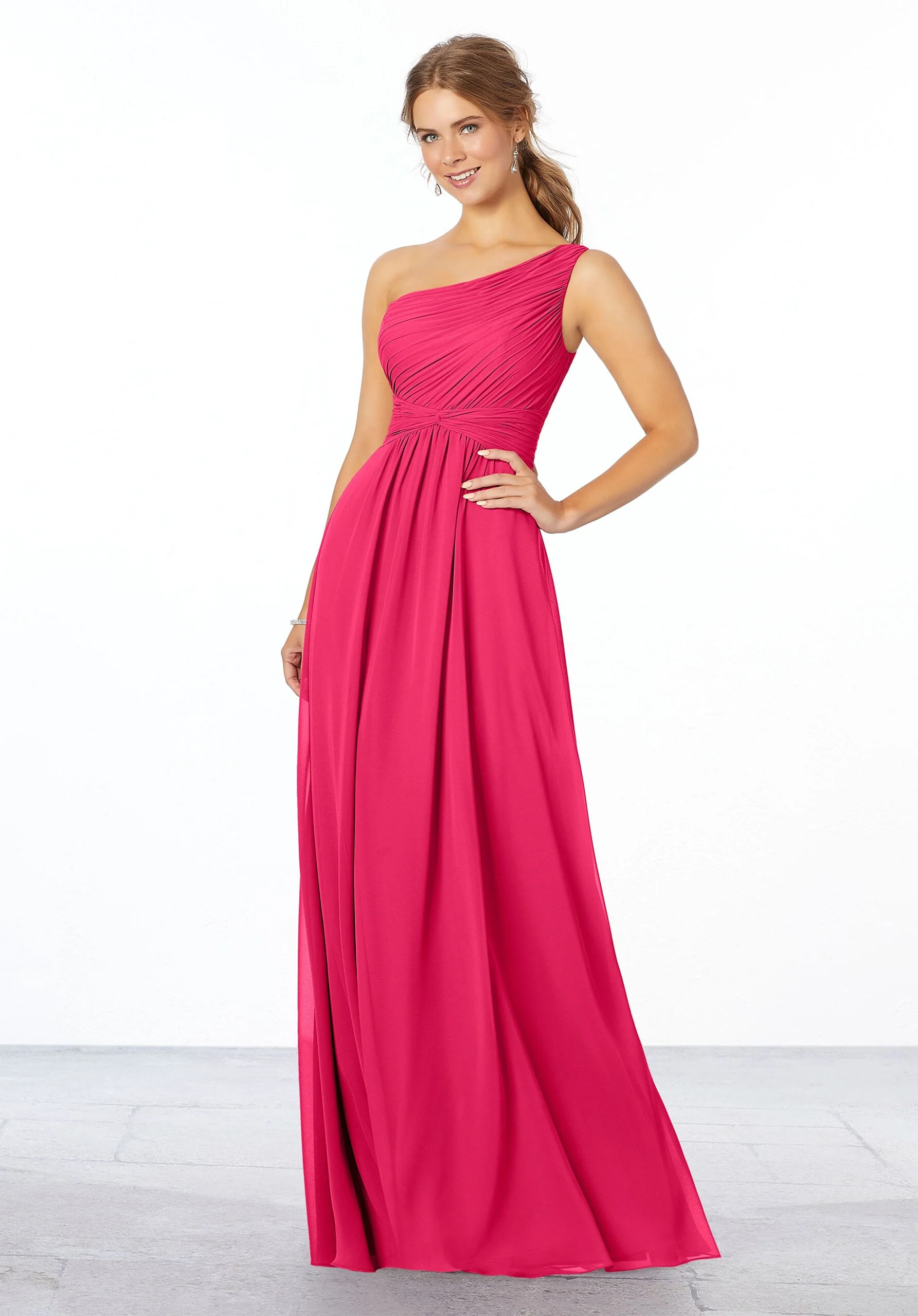 Pleated, One-Shoulder Chiffon Bridesmaid Dress - Image 43