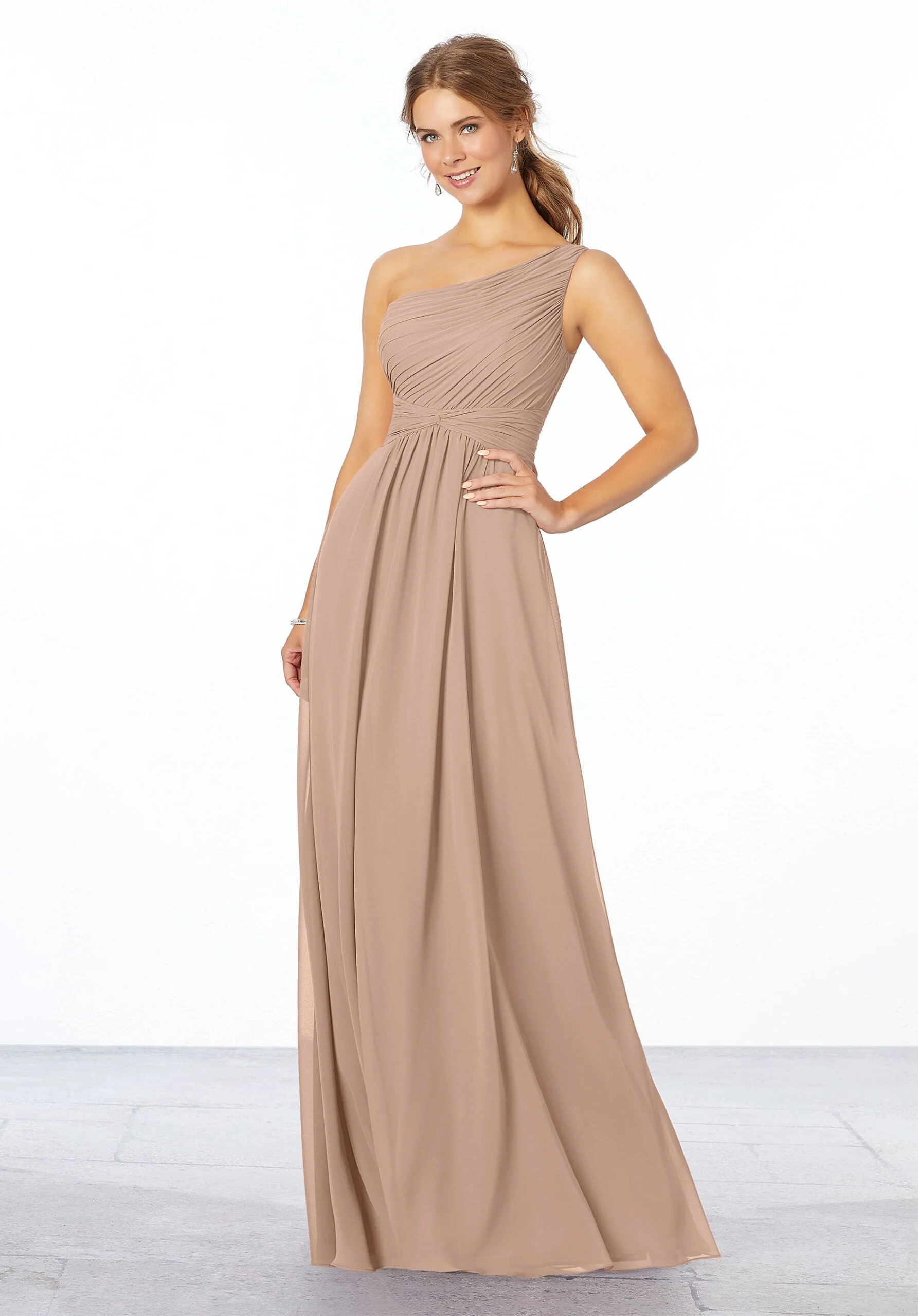 Pleated, One-Shoulder Chiffon Bridesmaid Dress - Image 47
