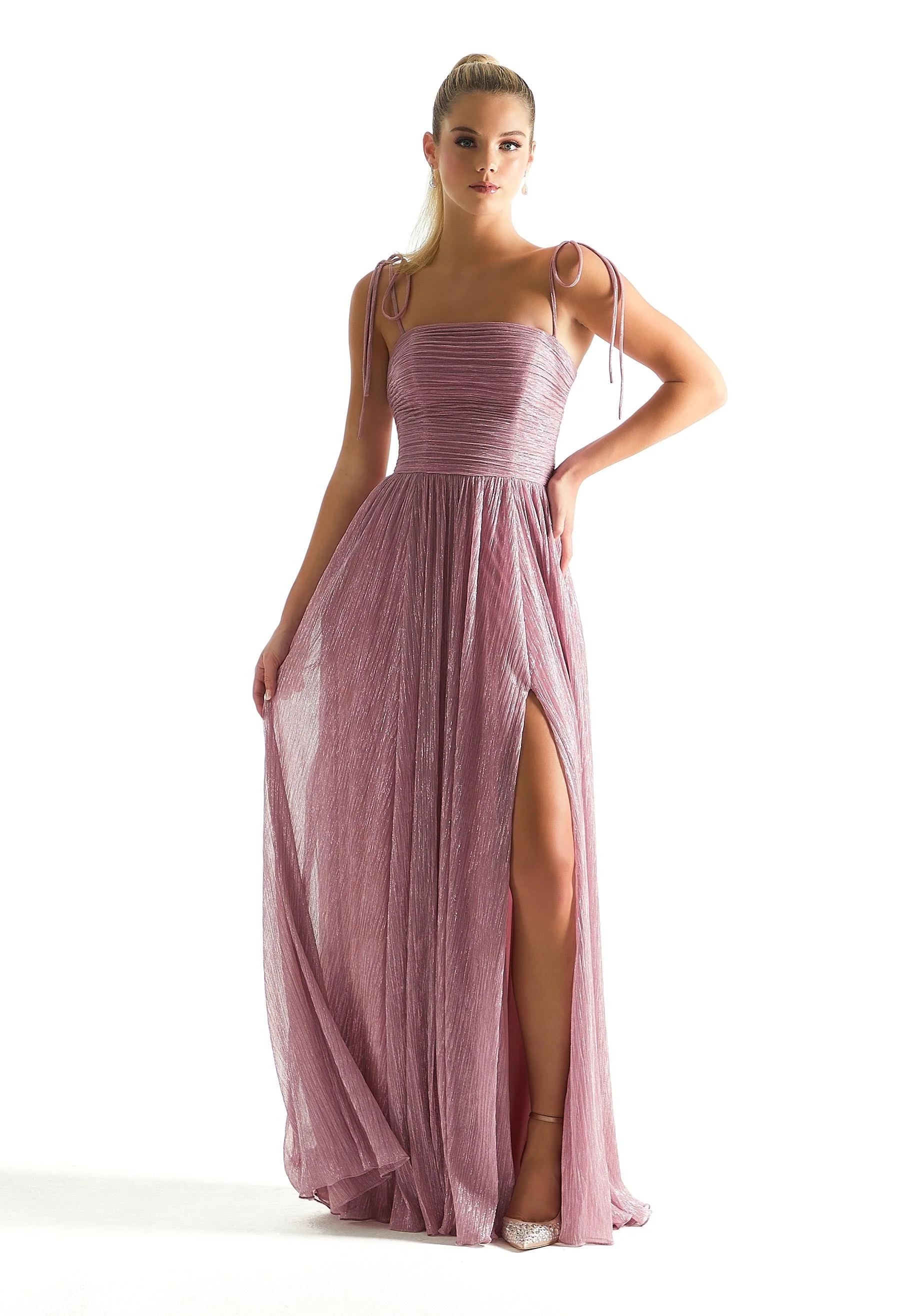Pleated Shimmer Bridesmaid Dress with Tie Straps