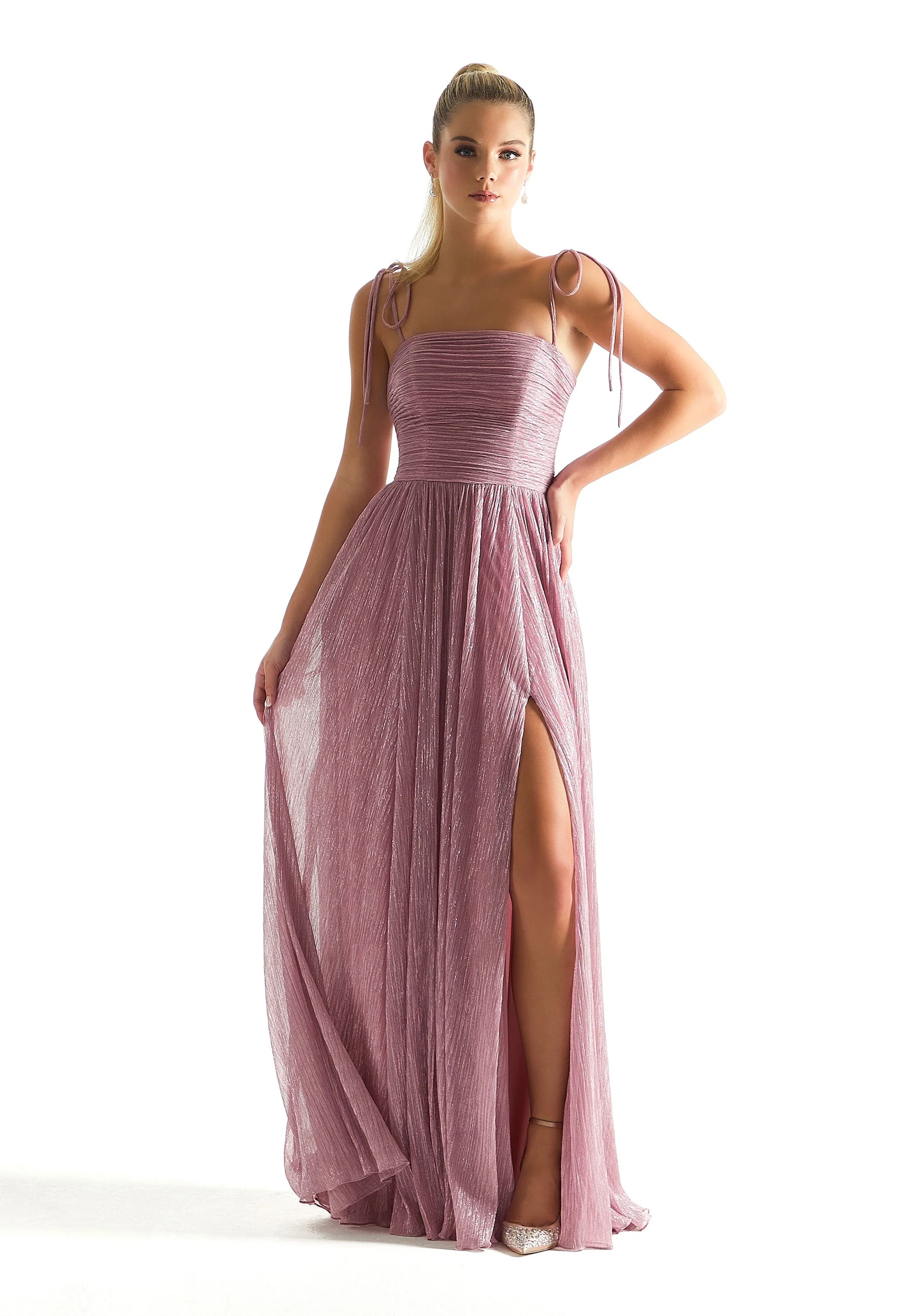 Pleated Shimmer Bridesmaid Dress with Tie Straps - Image 6
