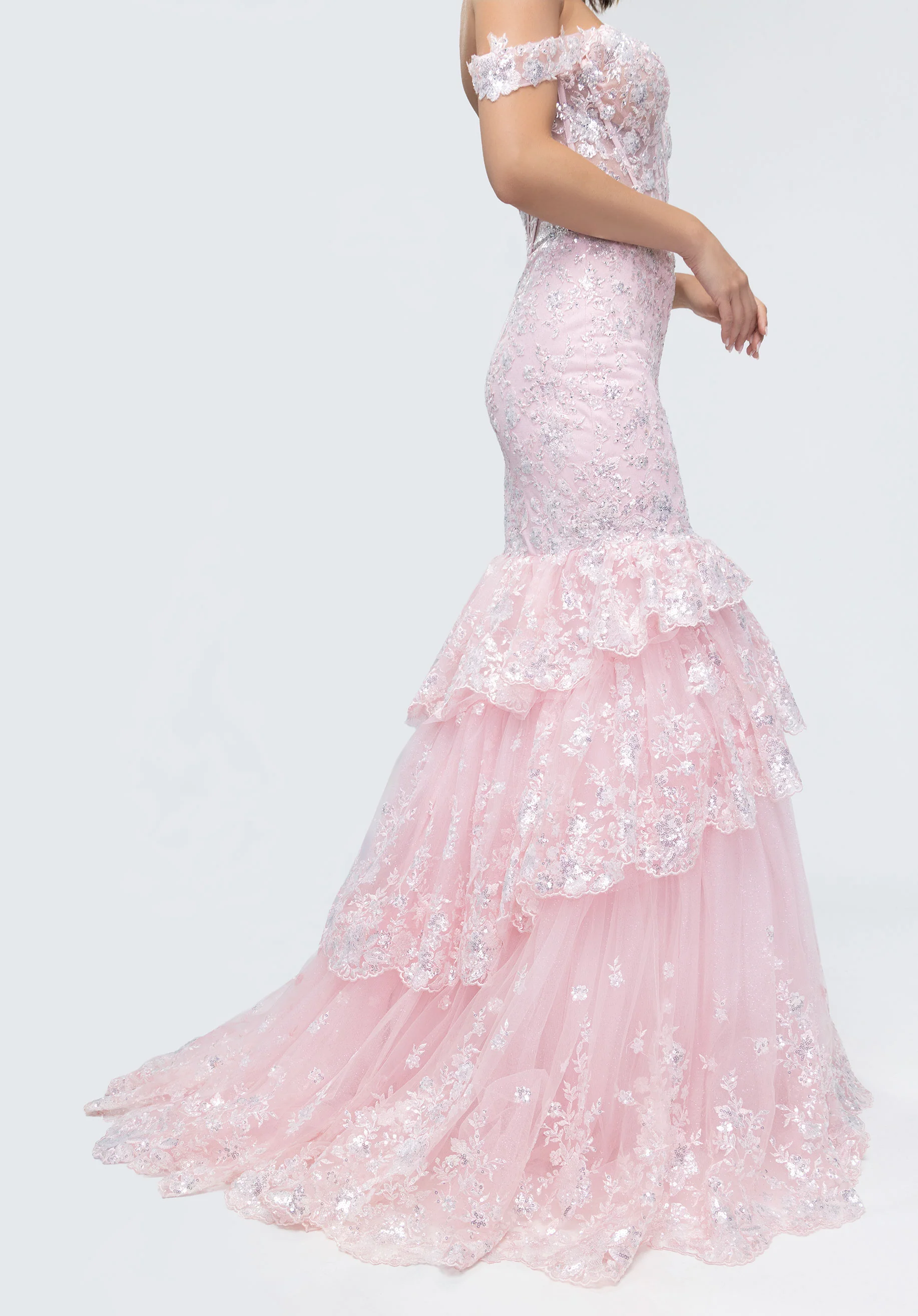 Plunging Sweetheart Beaded Lace and Glitter Tulle Mermaid Party Dress - Image 4