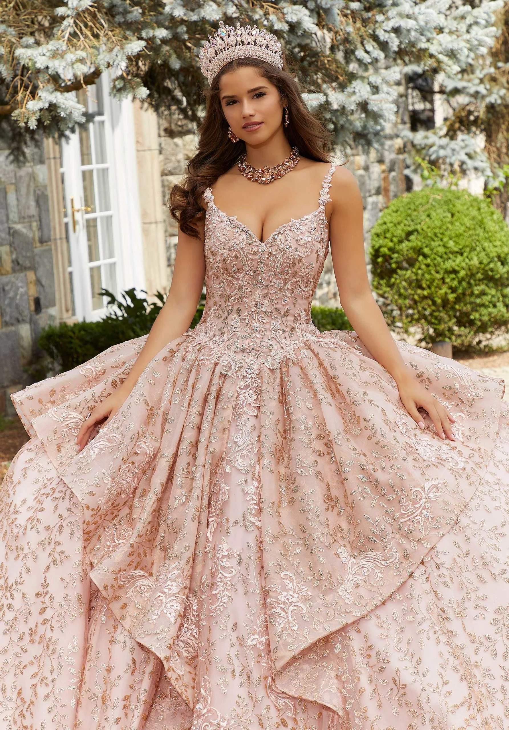 Rhinestone and Crystal Beaded Patterned Glitter Quinceañera Dress - Image 4