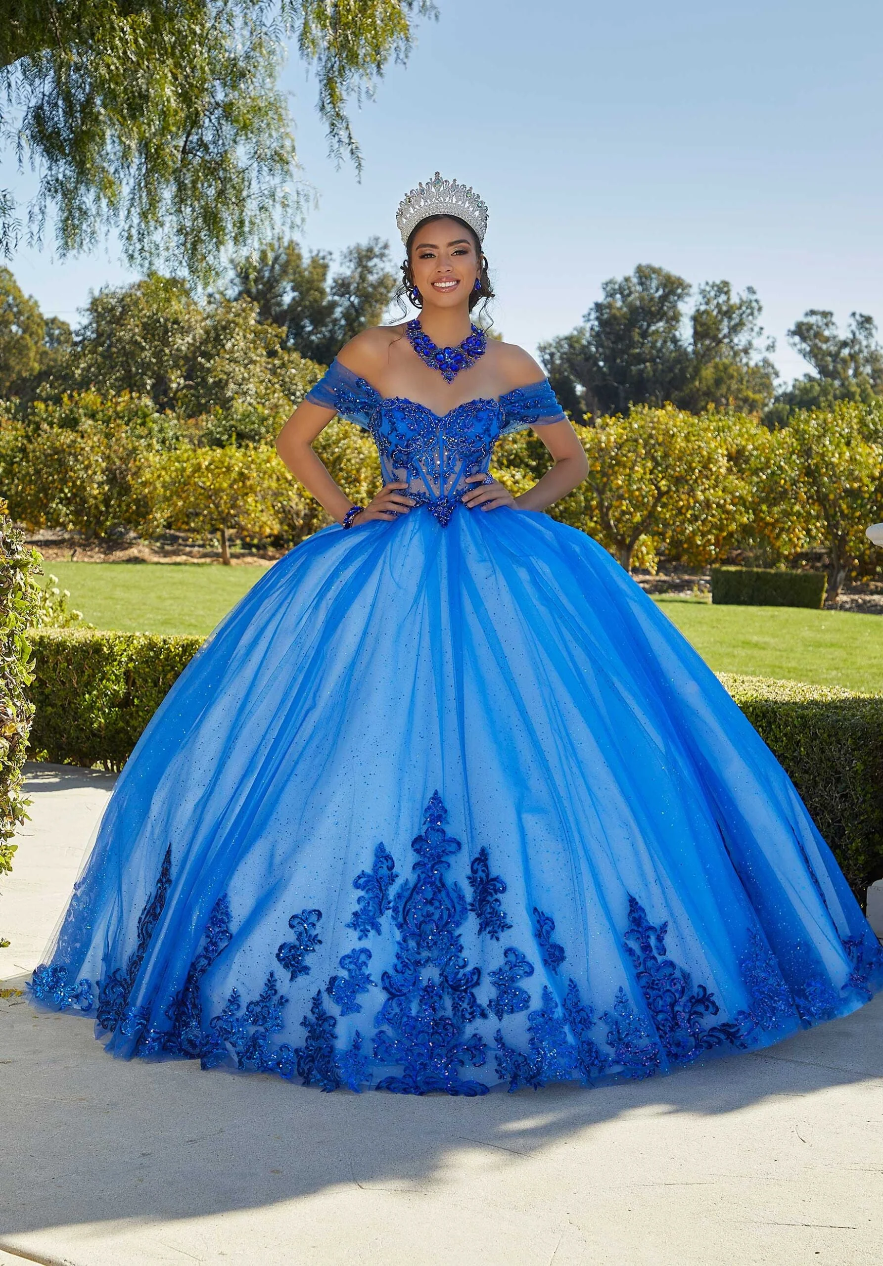 Rhinestone and Crystal Beaded Quinceañera Dress with Sheer Bodice