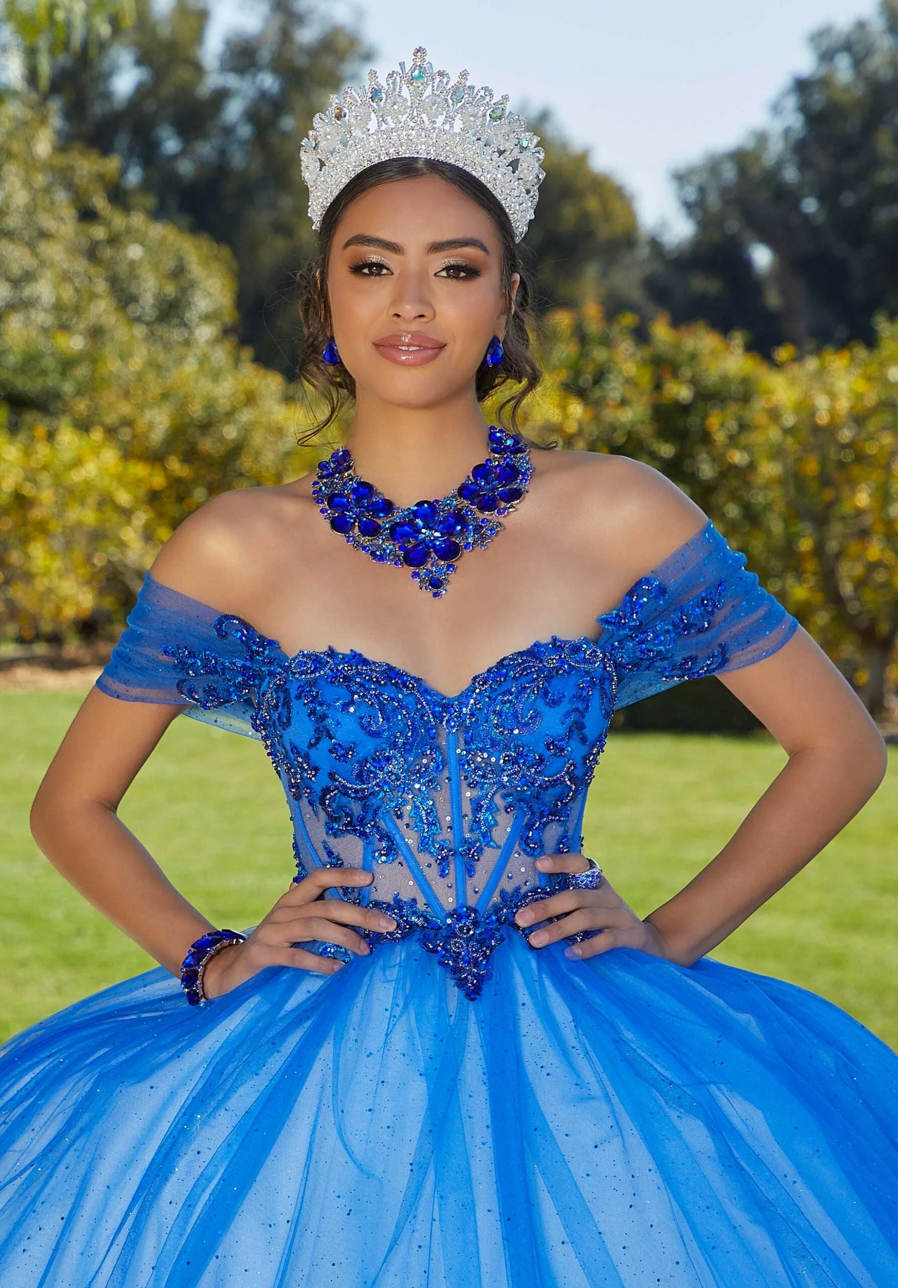 Rhinestone and Crystal Beaded Quinceañera Dress with Sheer Bodice - Image 2