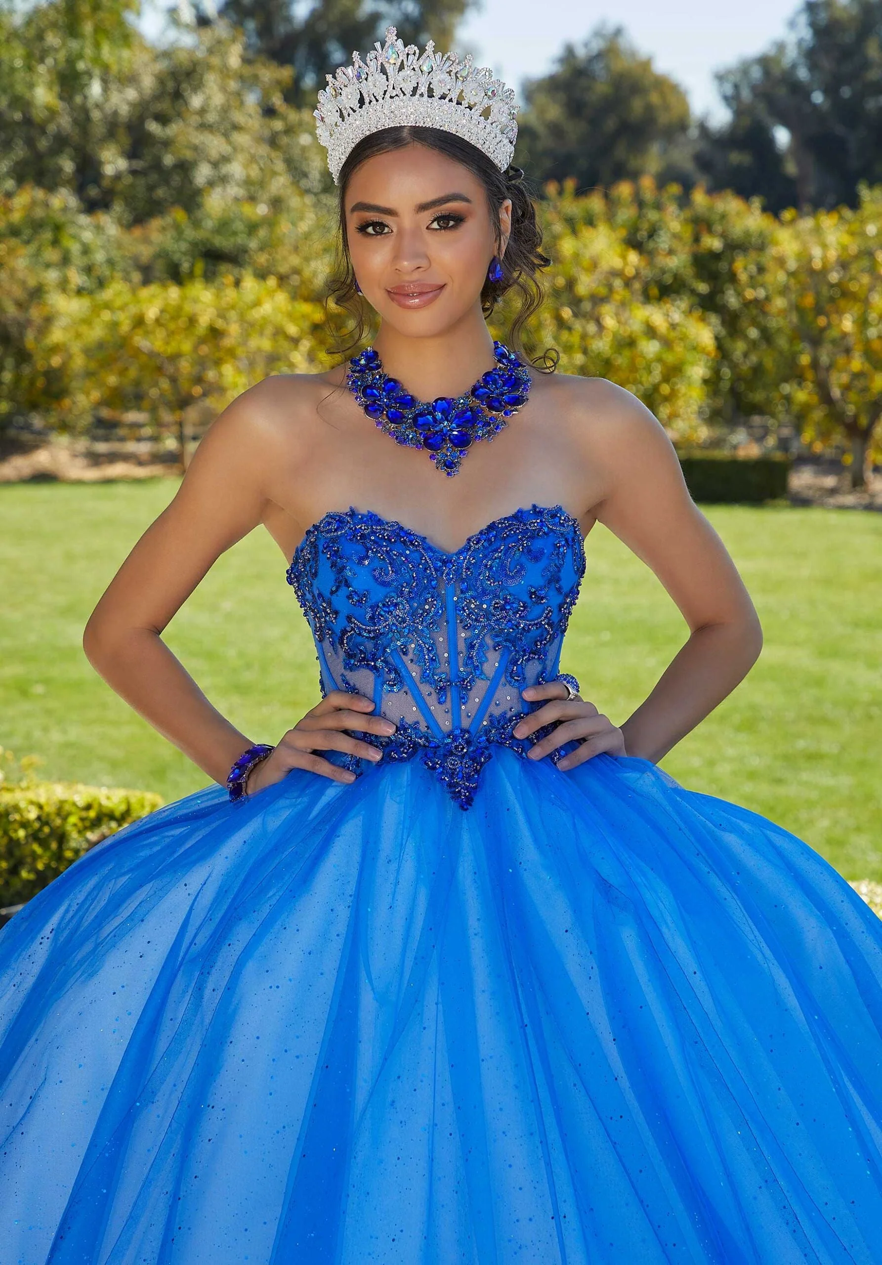 Rhinestone and Crystal Beaded Quinceañera Dress with Sheer Bodice - Image 3