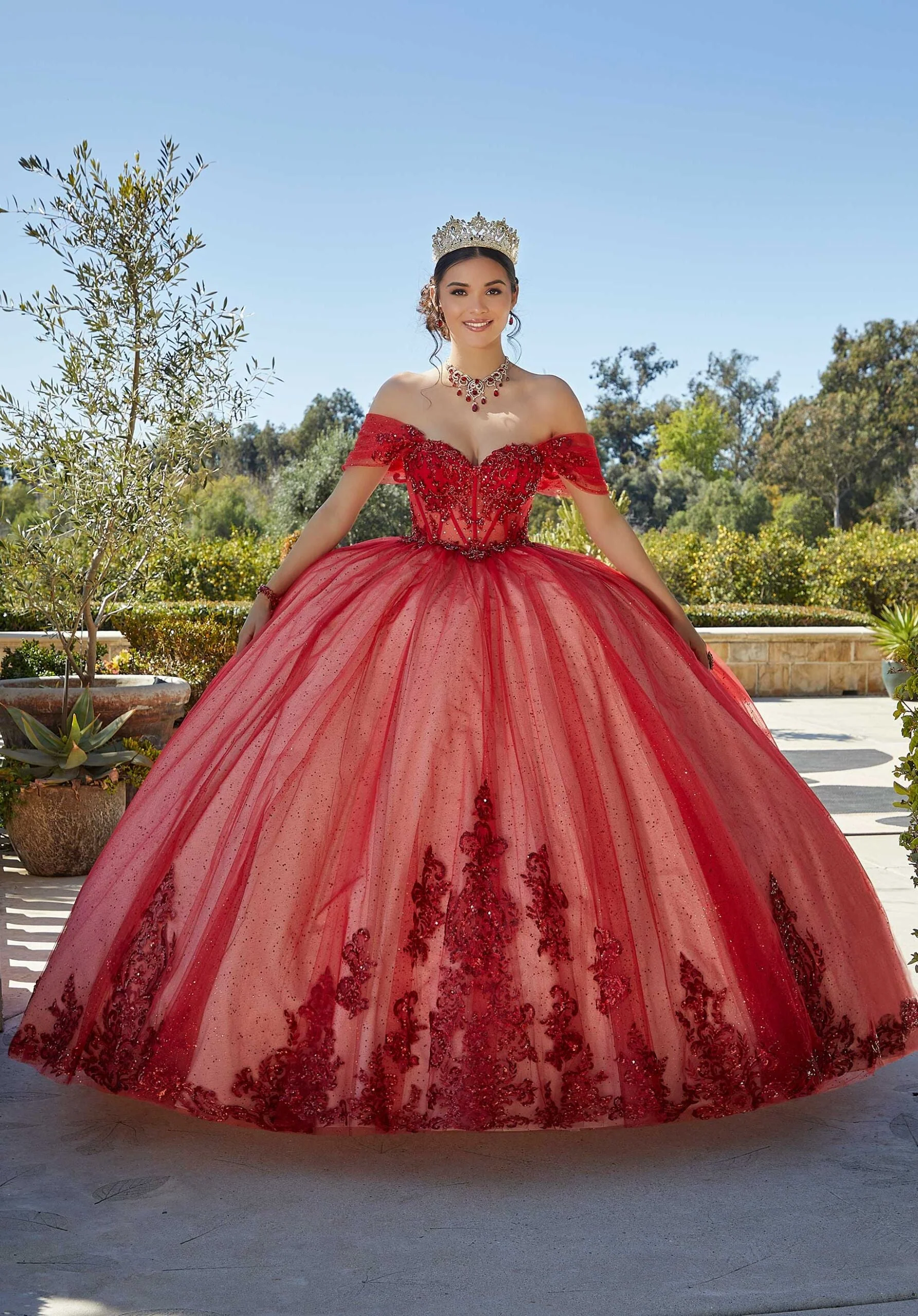 Rhinestone and Crystal Beaded Quinceañera Dress with Sheer Bodice - Image 5