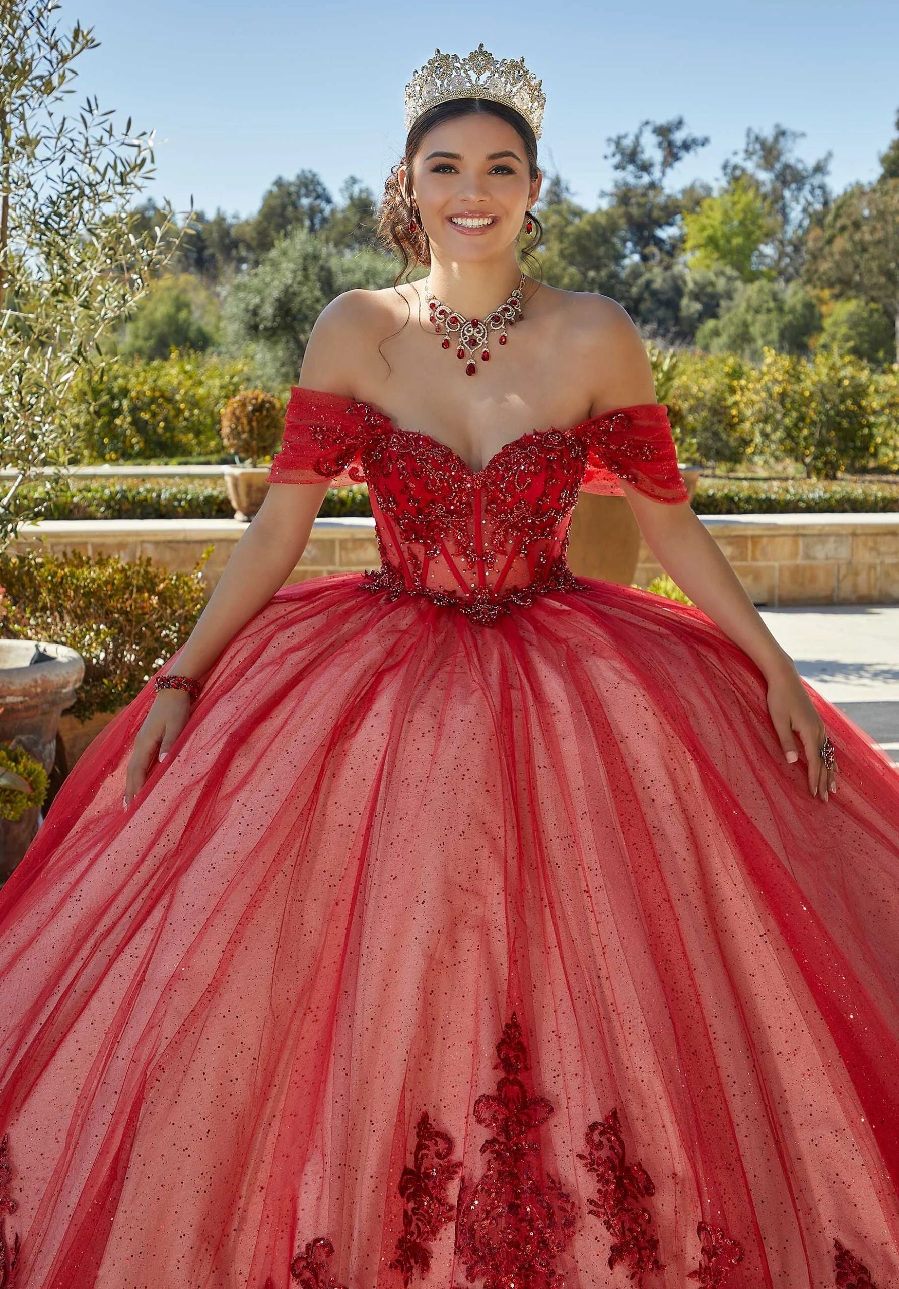 Rhinestone and Crystal Beaded Quinceañera Dress with Sheer Bodice - Image 6