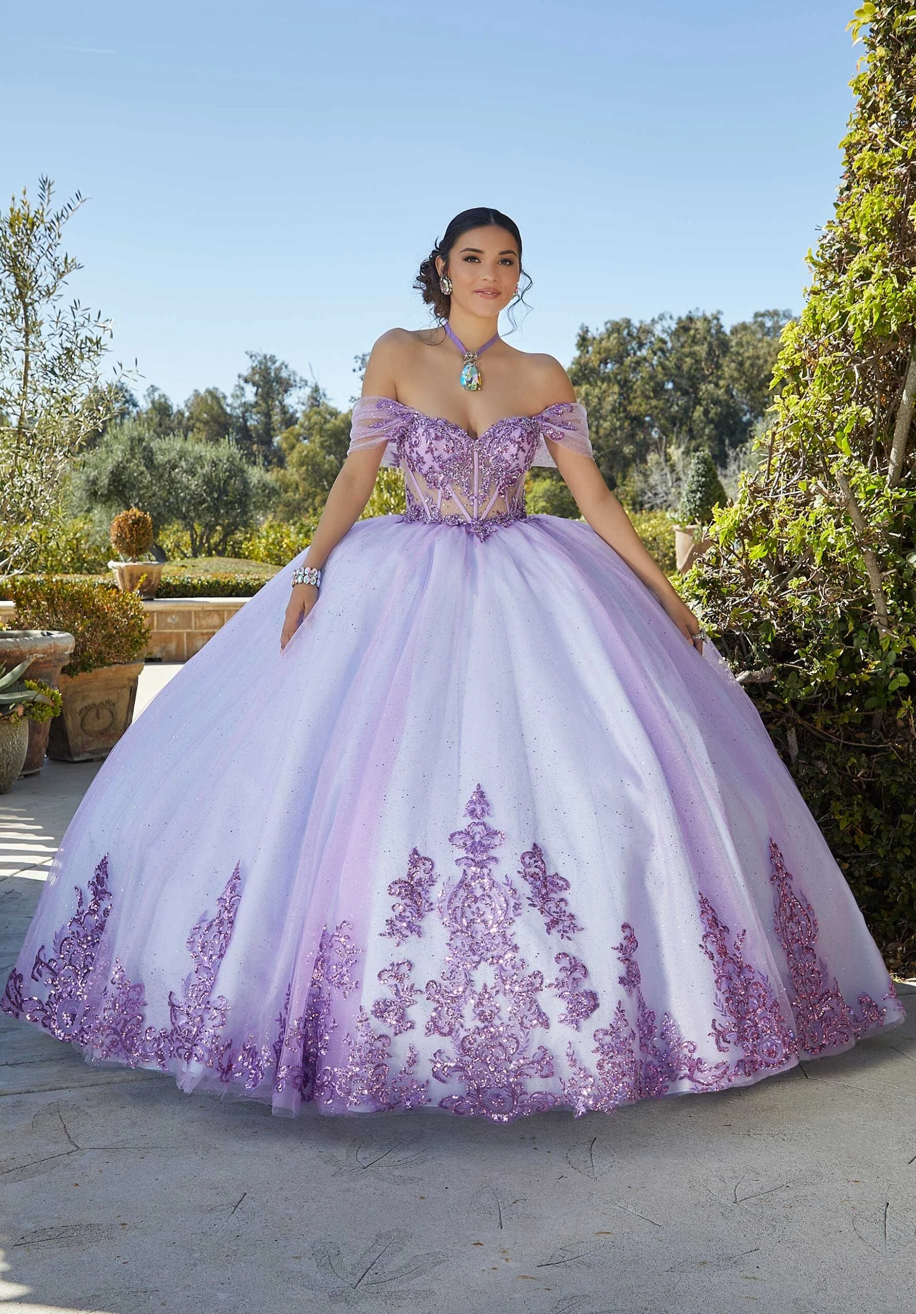 Rhinestone and Crystal Beaded Quinceañera Dress with Sheer Bodice - Image 7