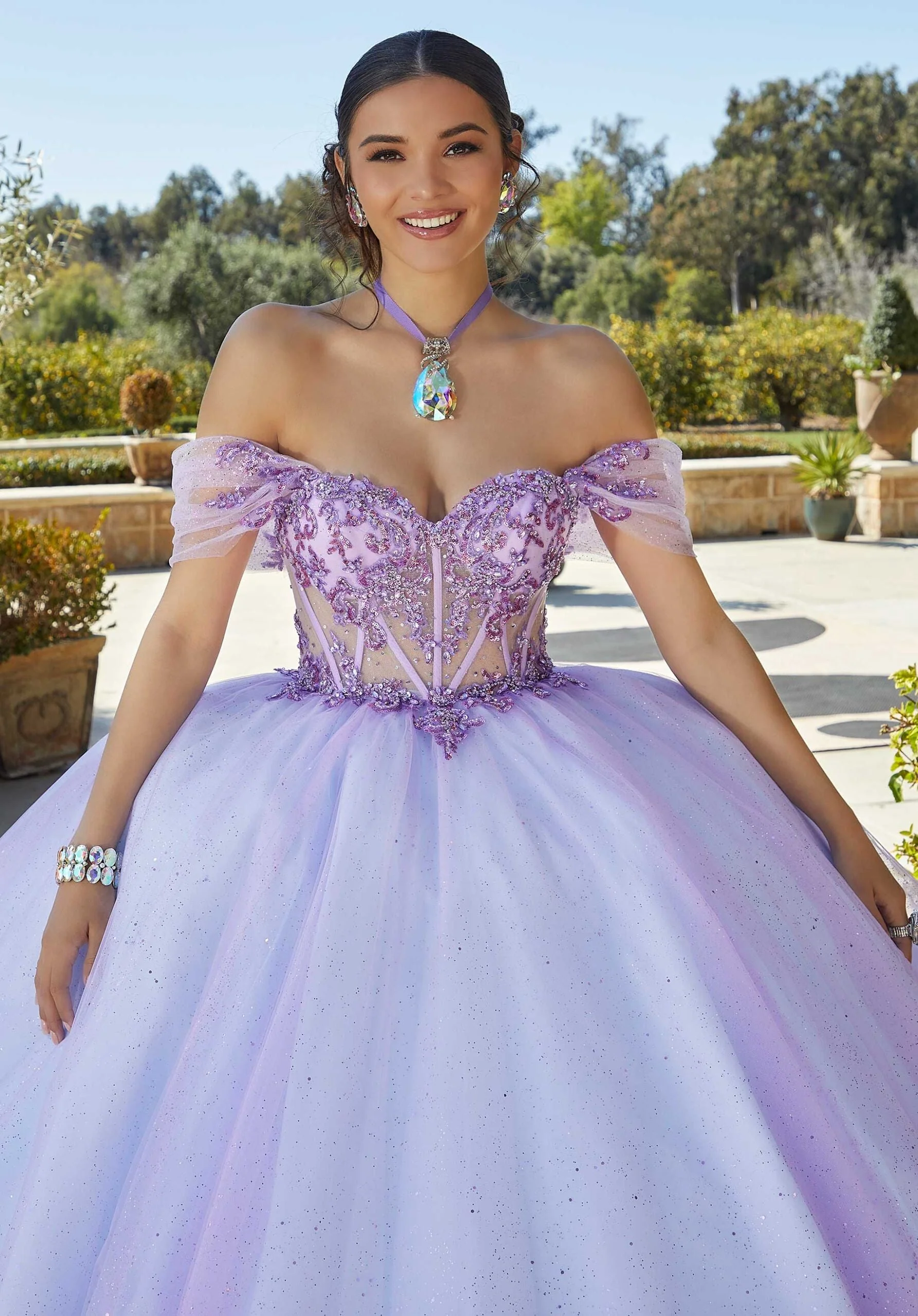 Rhinestone and Crystal Beaded Quinceañera Dress with Sheer Bodice - Image 8