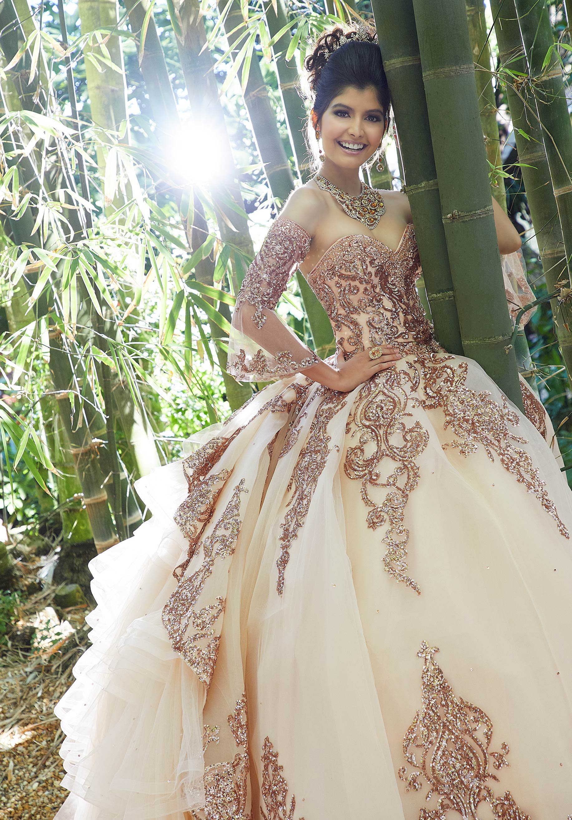 Rhinestone and Crystal Beaded Trim on a Patterned Sequin Tulle Ballgown - Image 4