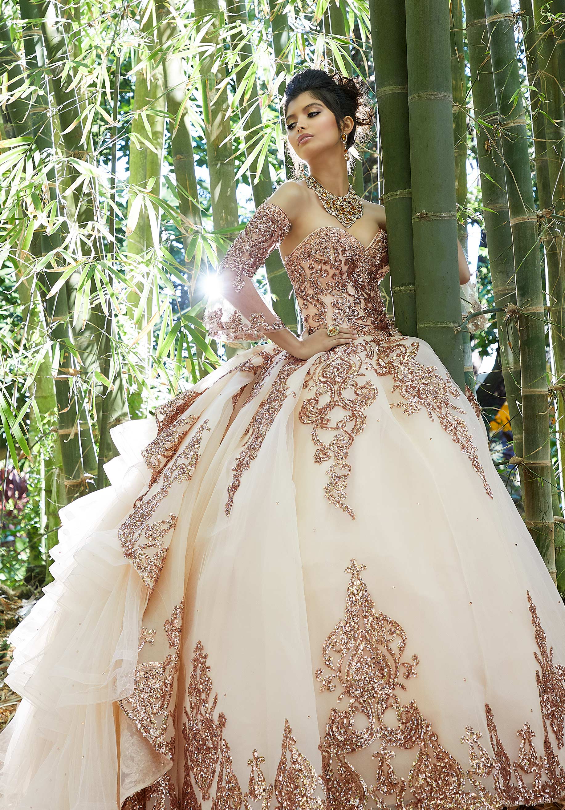 Rhinestone and Crystal Beaded Trim on a Patterned Sequin Tulle Ballgown - Image 5