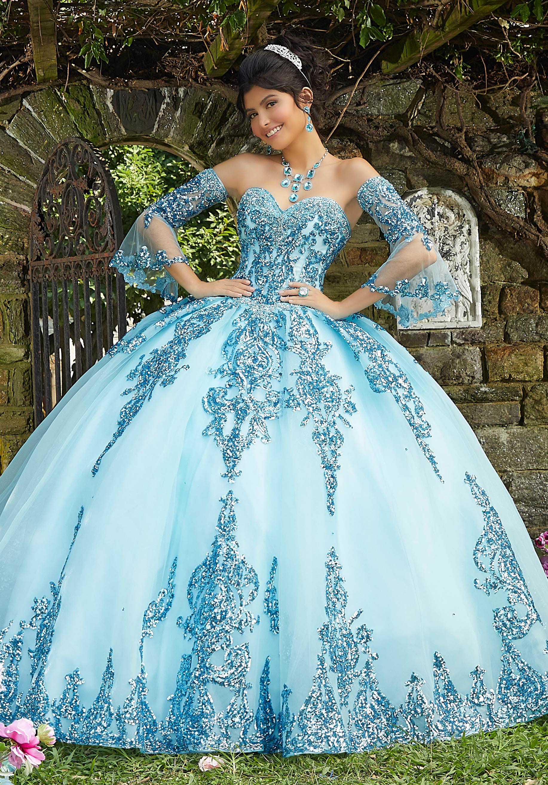 Rhinestone and Crystal Beaded Trim on a Patterned Sequin Tulle Ballgown - Image 6