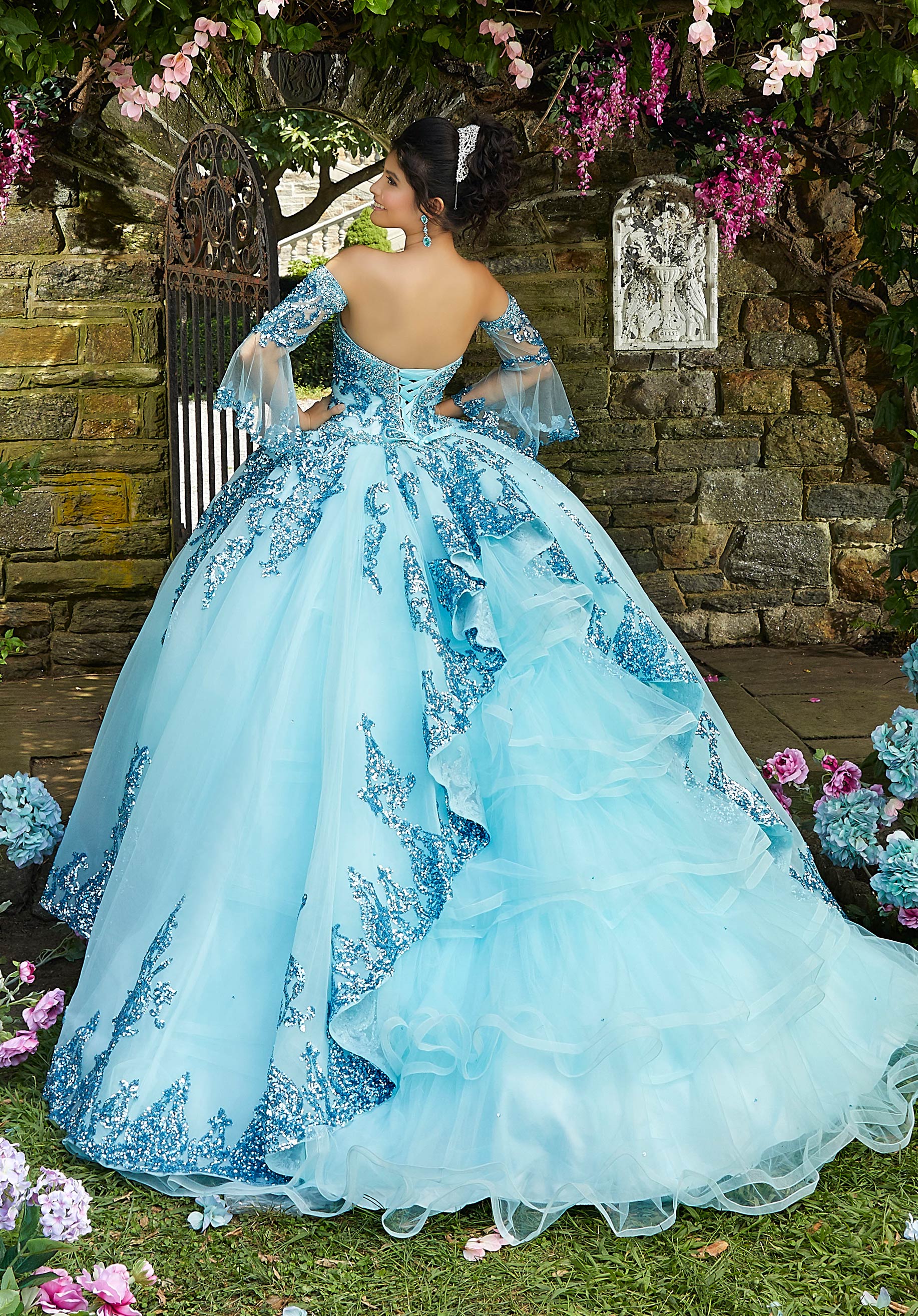 Rhinestone and Crystal Beaded Trim on a Patterned Sequin Tulle Ballgown - Image 7