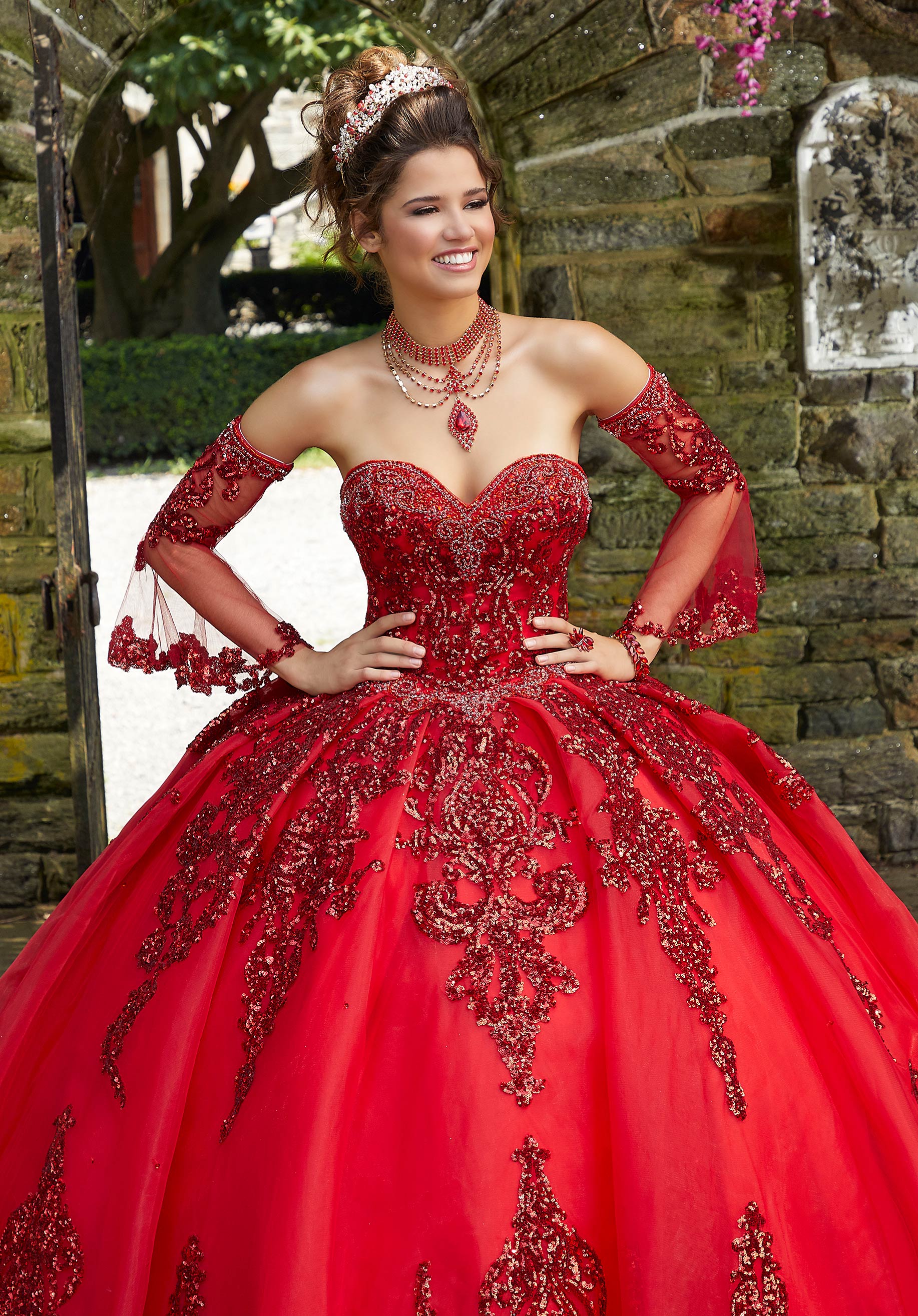 Rhinestone and Crystal Beaded Trim on a Patterned Sequin Tulle Ballgown - Image 8