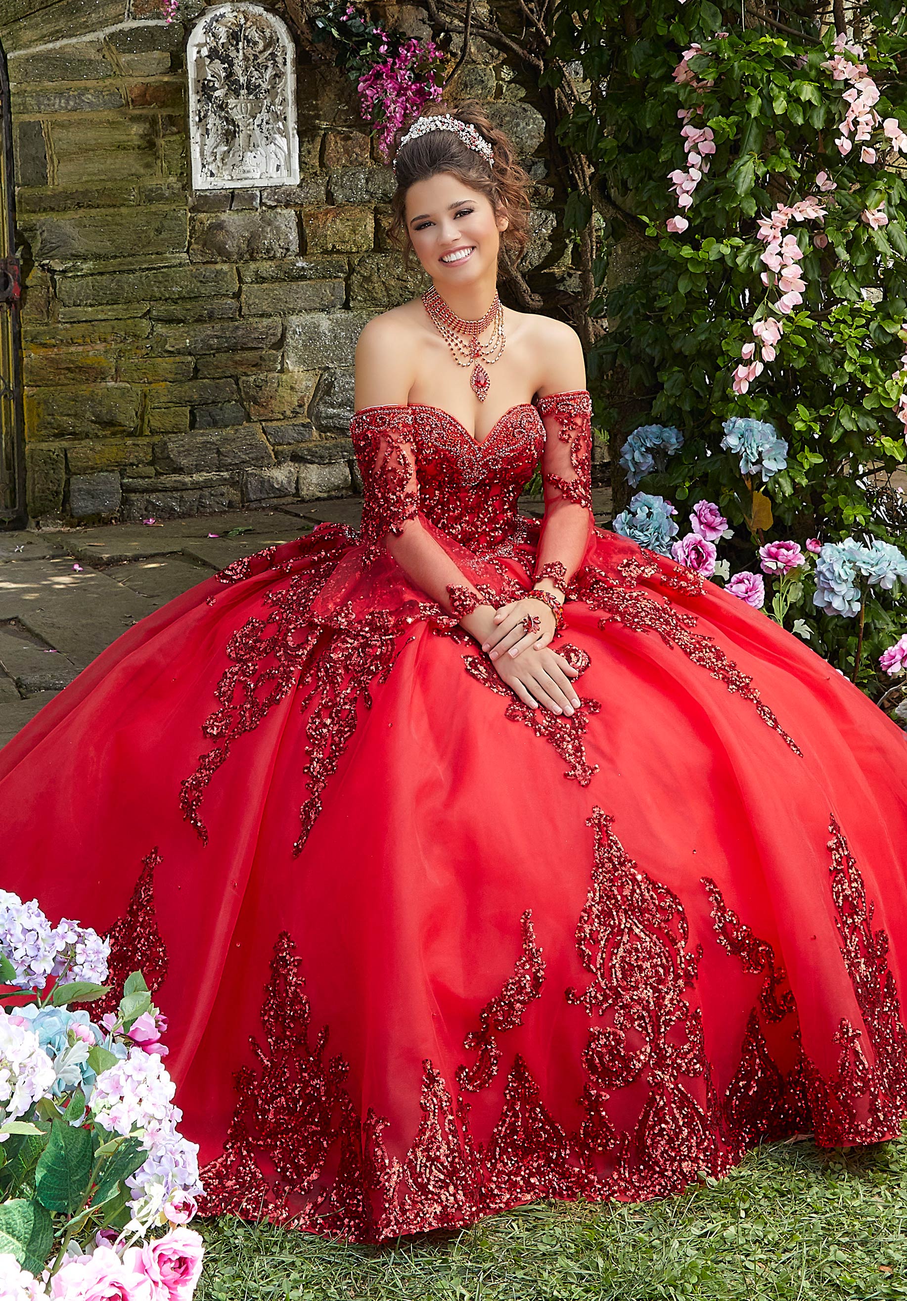 Rhinestone and Crystal Beaded Trim on a Patterned Sequin Tulle Ballgown - Image 9