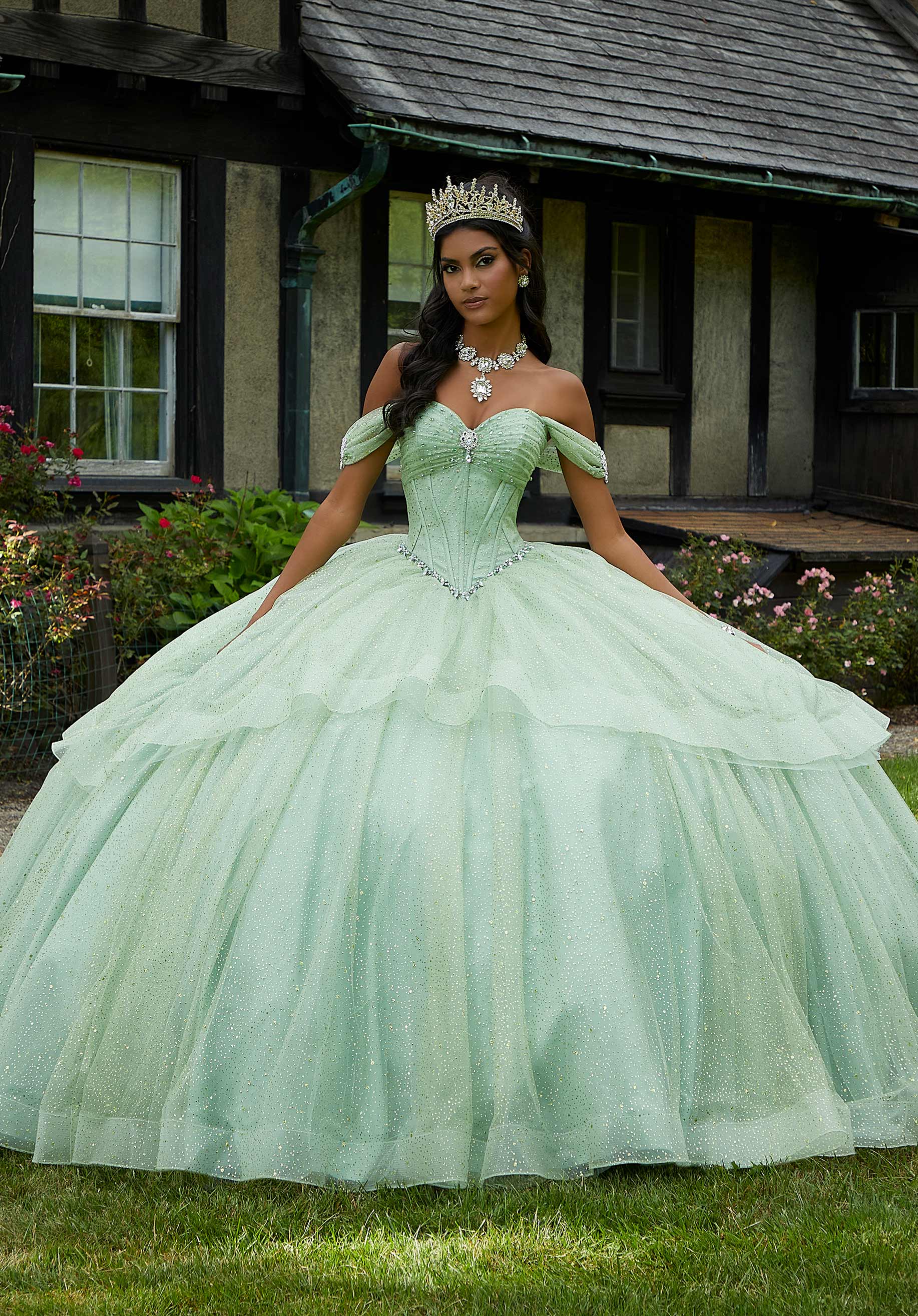 Rhinestone and Patterned Glitter Quinceañera Dress with Skirt Overskirt - Image 3