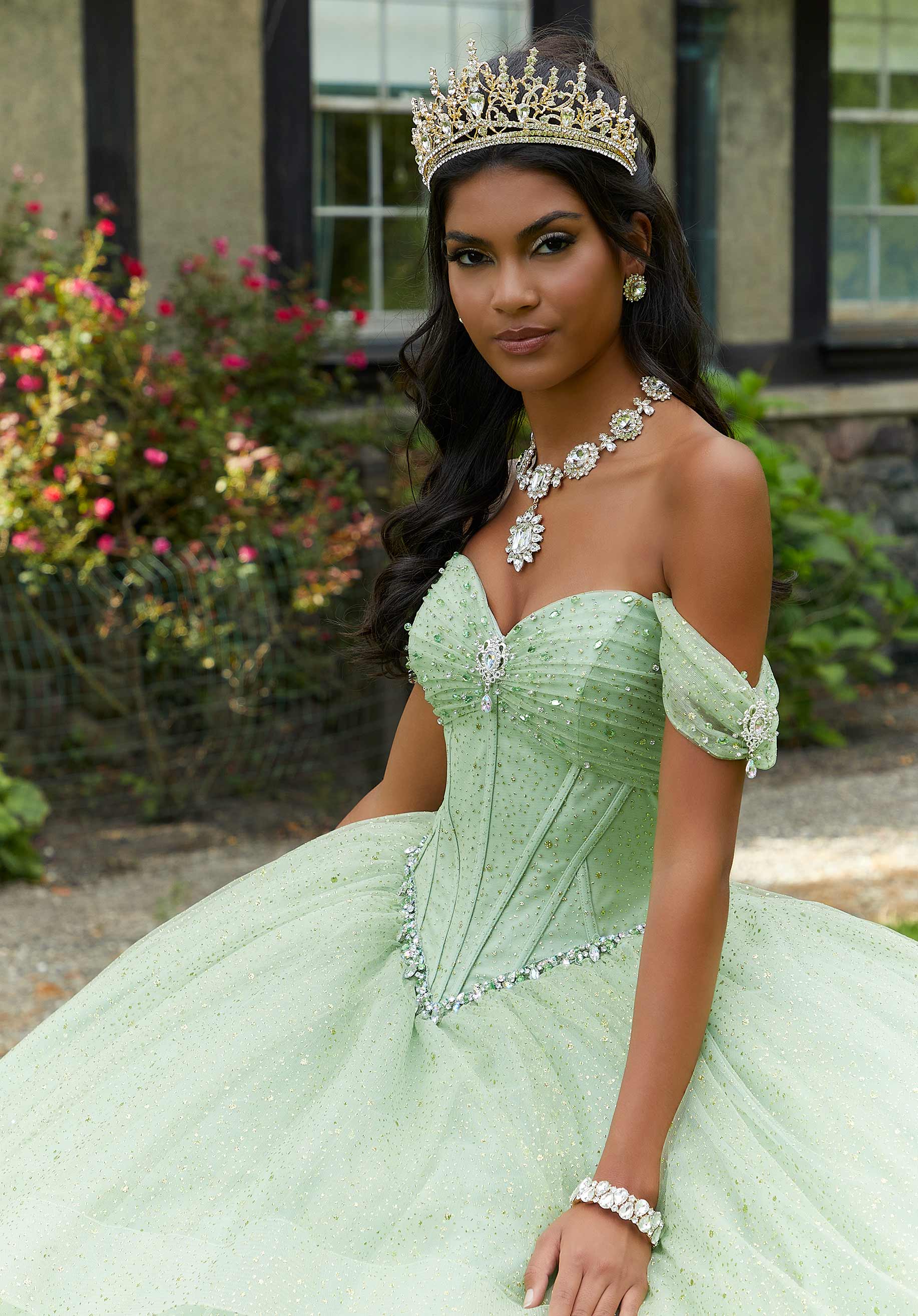 Rhinestone and Patterned Glitter Quinceañera Dress with Skirt Overskirt - Image 4
