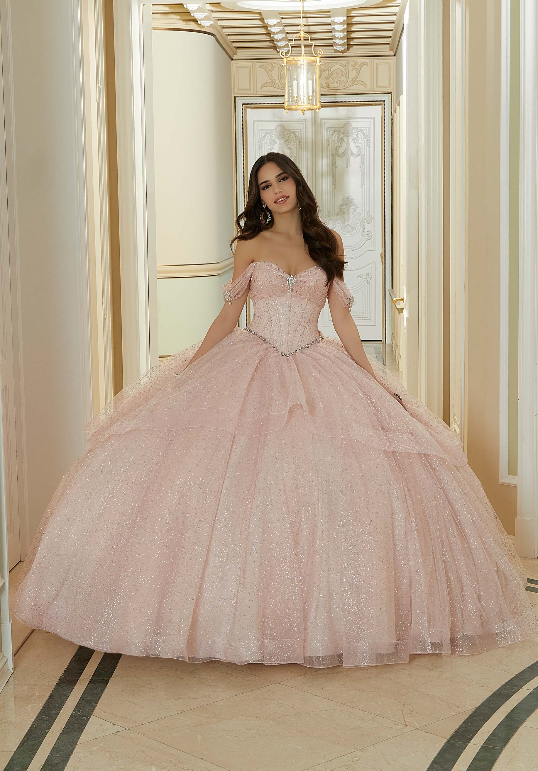 Rhinestone and Patterned Glitter Quinceañera Dress with Skirt Overskirt - Image 9