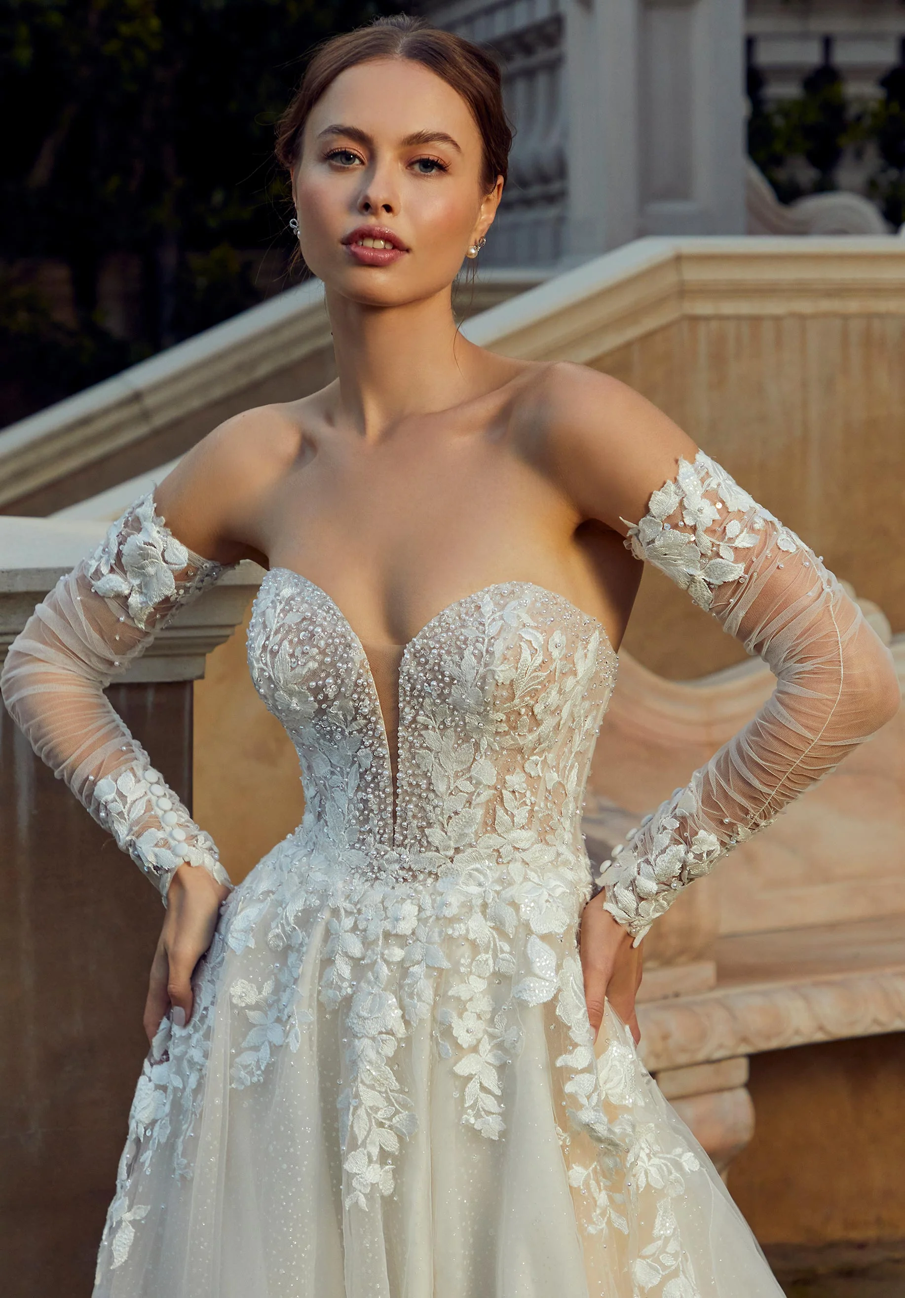 Ruched Long Sleeves with Floral Embroidery