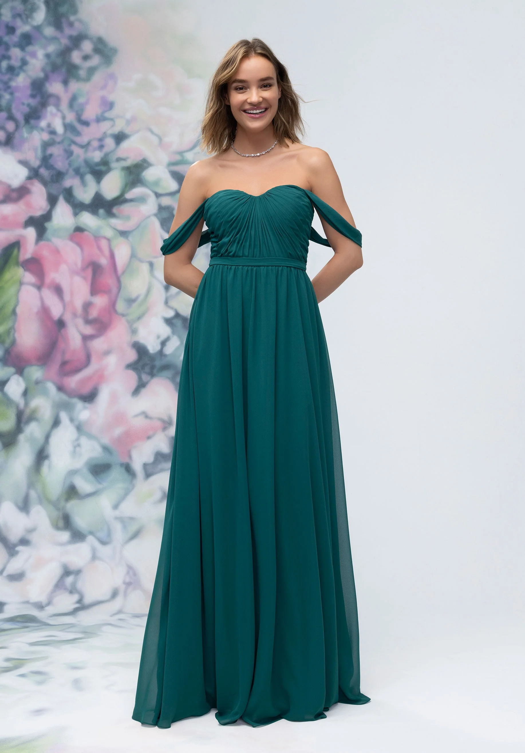 Ruched Sweetheart Chiffon Bridesmaid Dress with Off The Shoulder Sleeves
