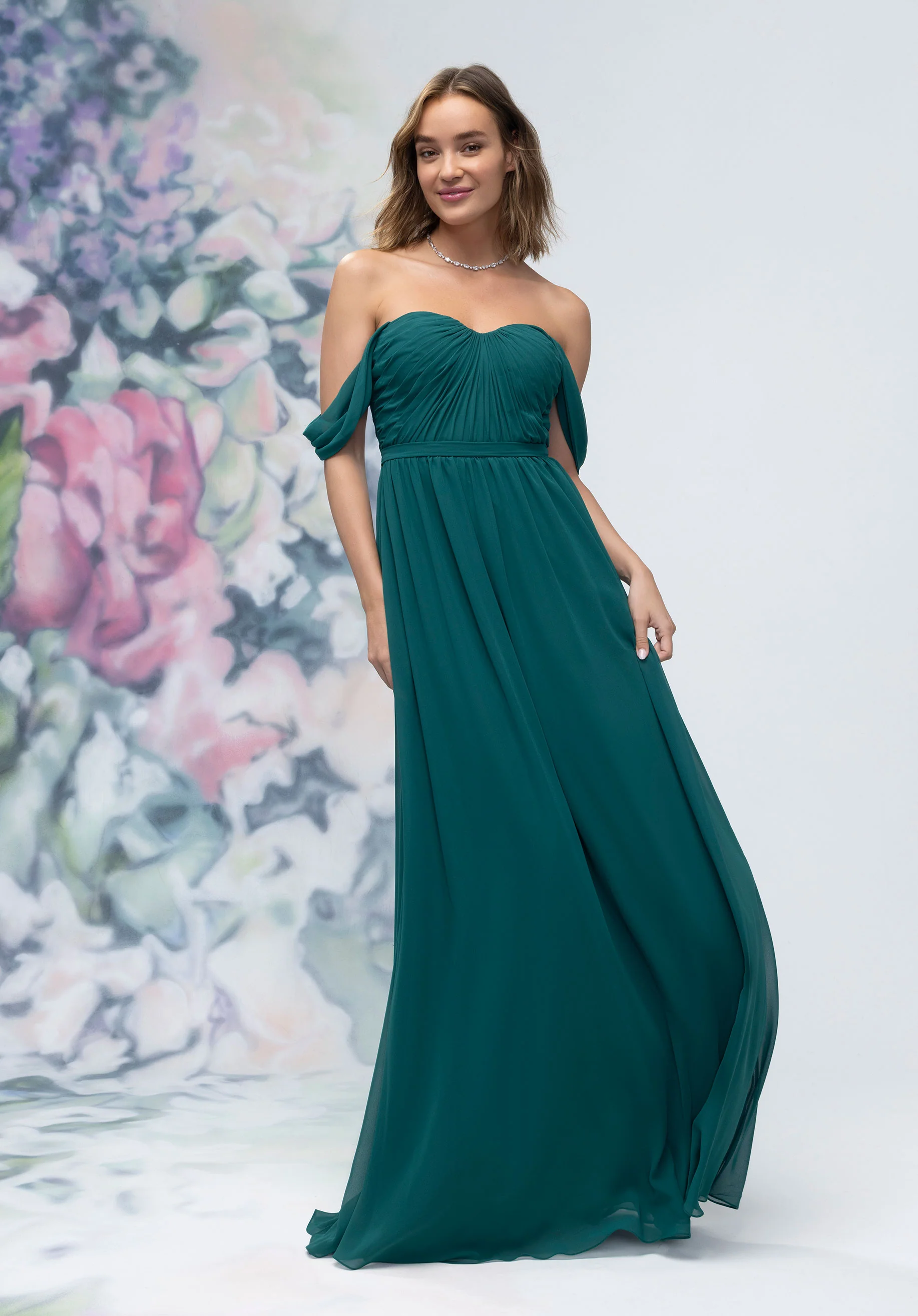 Ruched Sweetheart Chiffon Bridesmaid Dress with Off The Shoulder Sleeves - Image 3