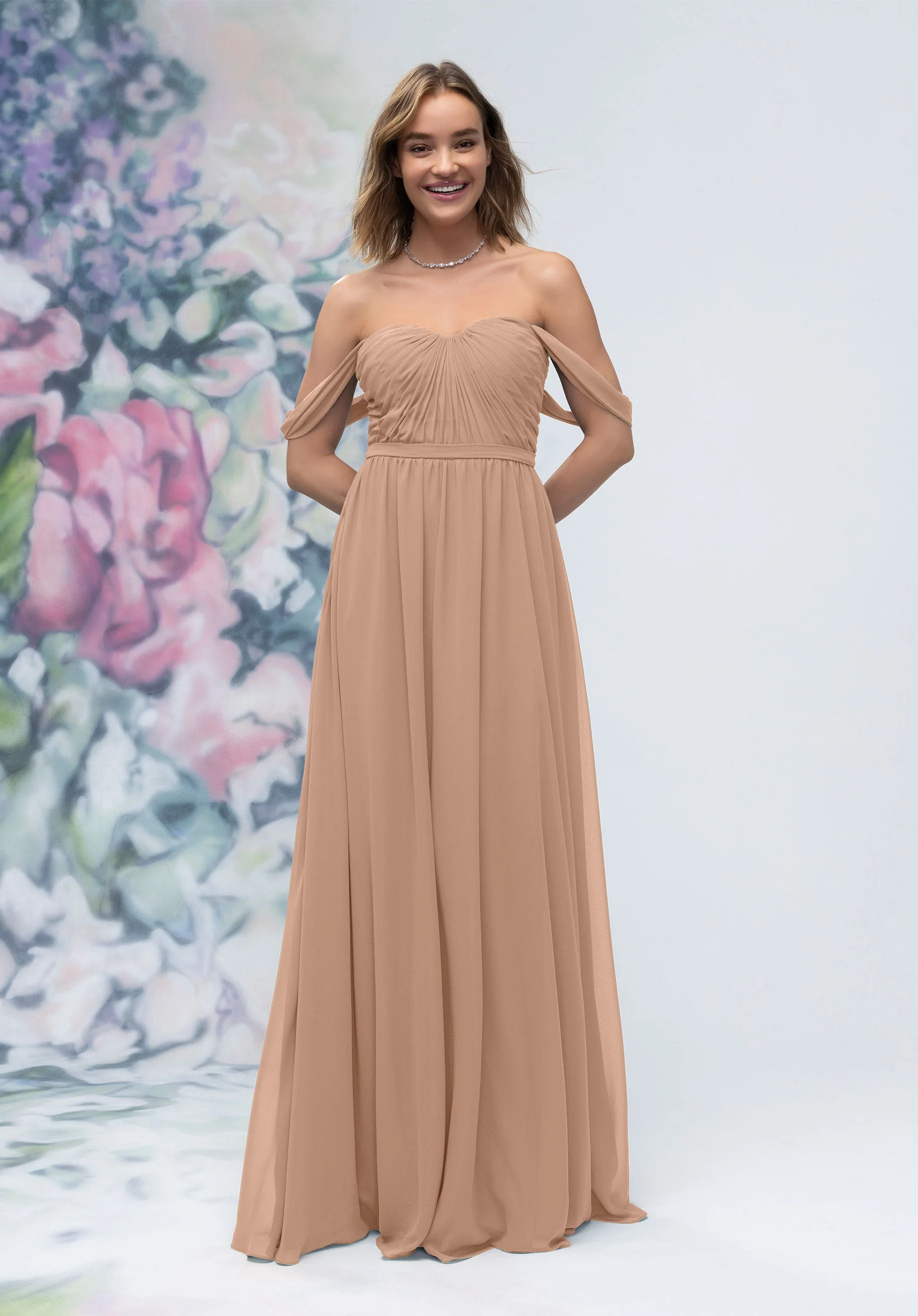 Ruched Sweetheart Chiffon Bridesmaid Dress with Off The Shoulder Sleeves - Image 32