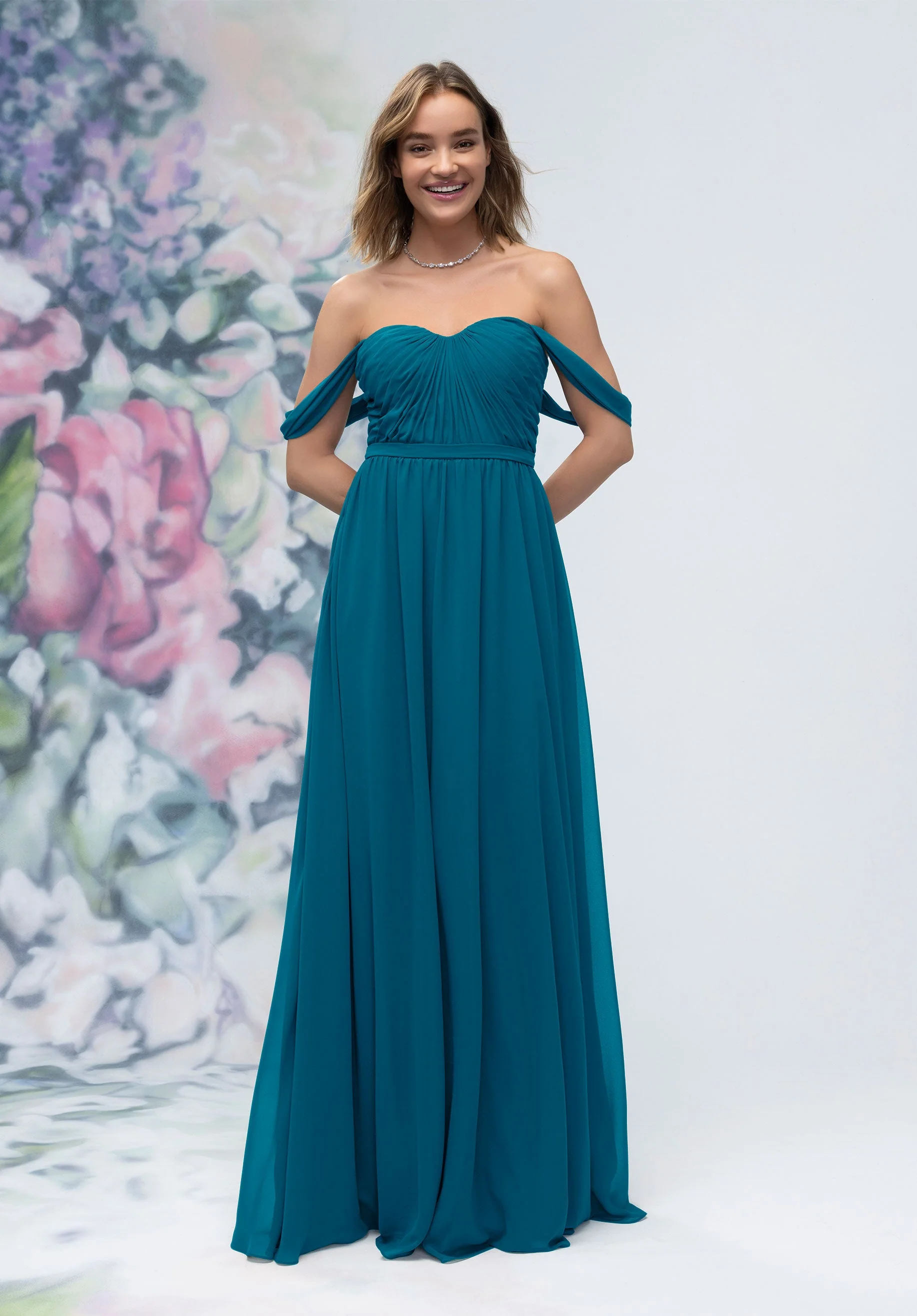 Ruched Sweetheart Chiffon Bridesmaid Dress with Off The Shoulder Sleeves - Image 33