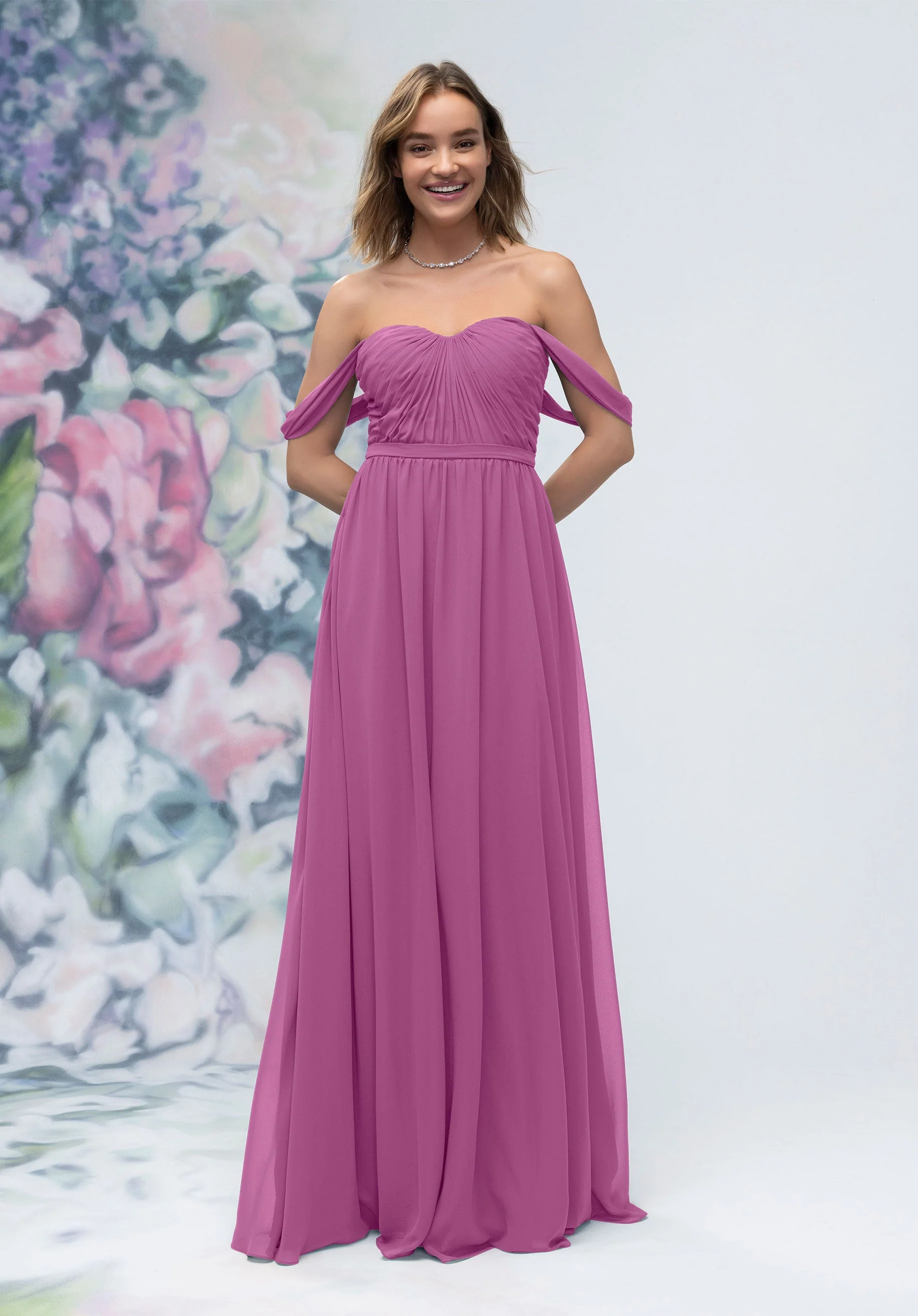 Ruched Sweetheart Chiffon Bridesmaid Dress with Off The Shoulder Sleeves - Image 39