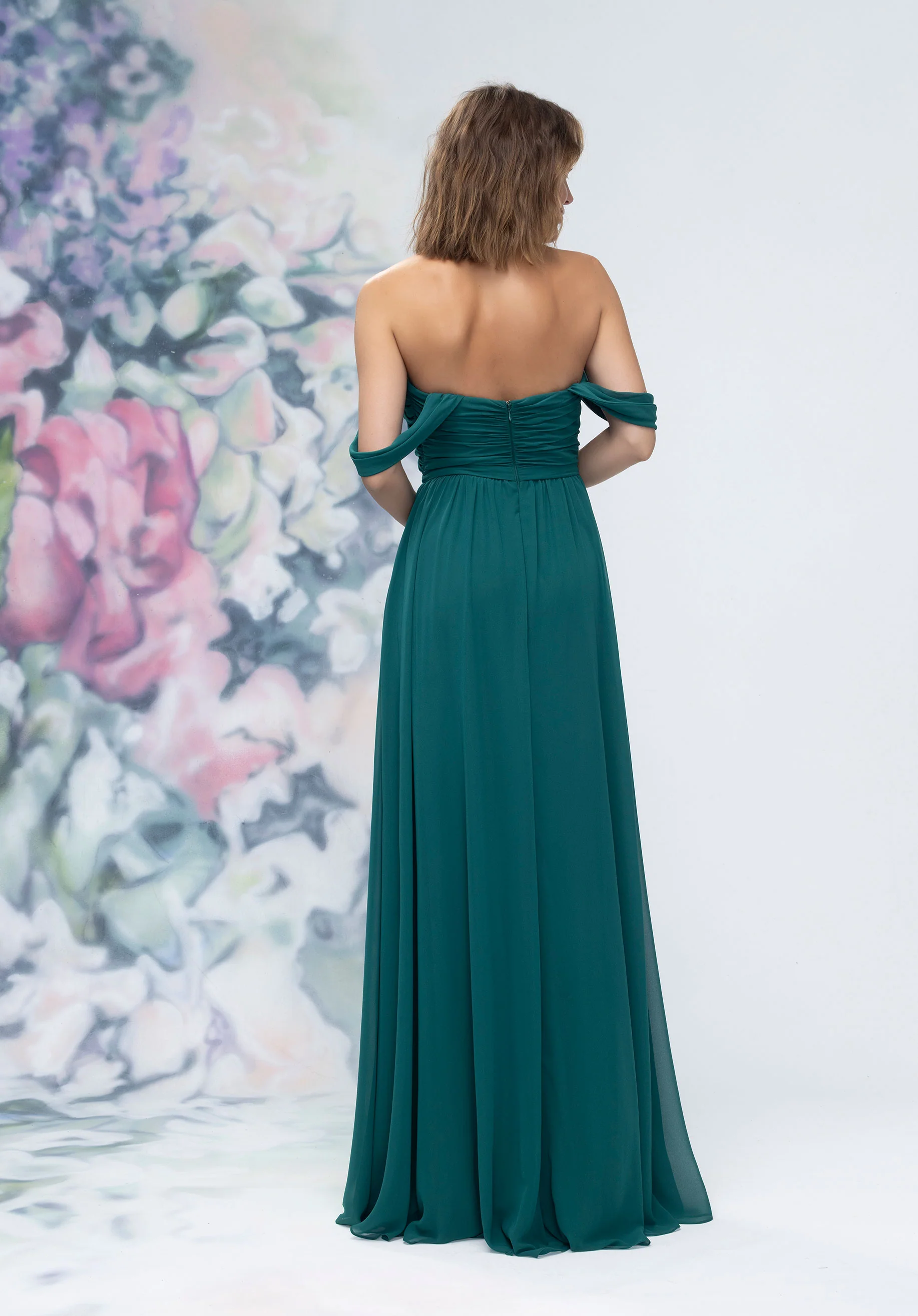 Ruched Sweetheart Chiffon Bridesmaid Dress with Off The Shoulder Sleeves - Image 4