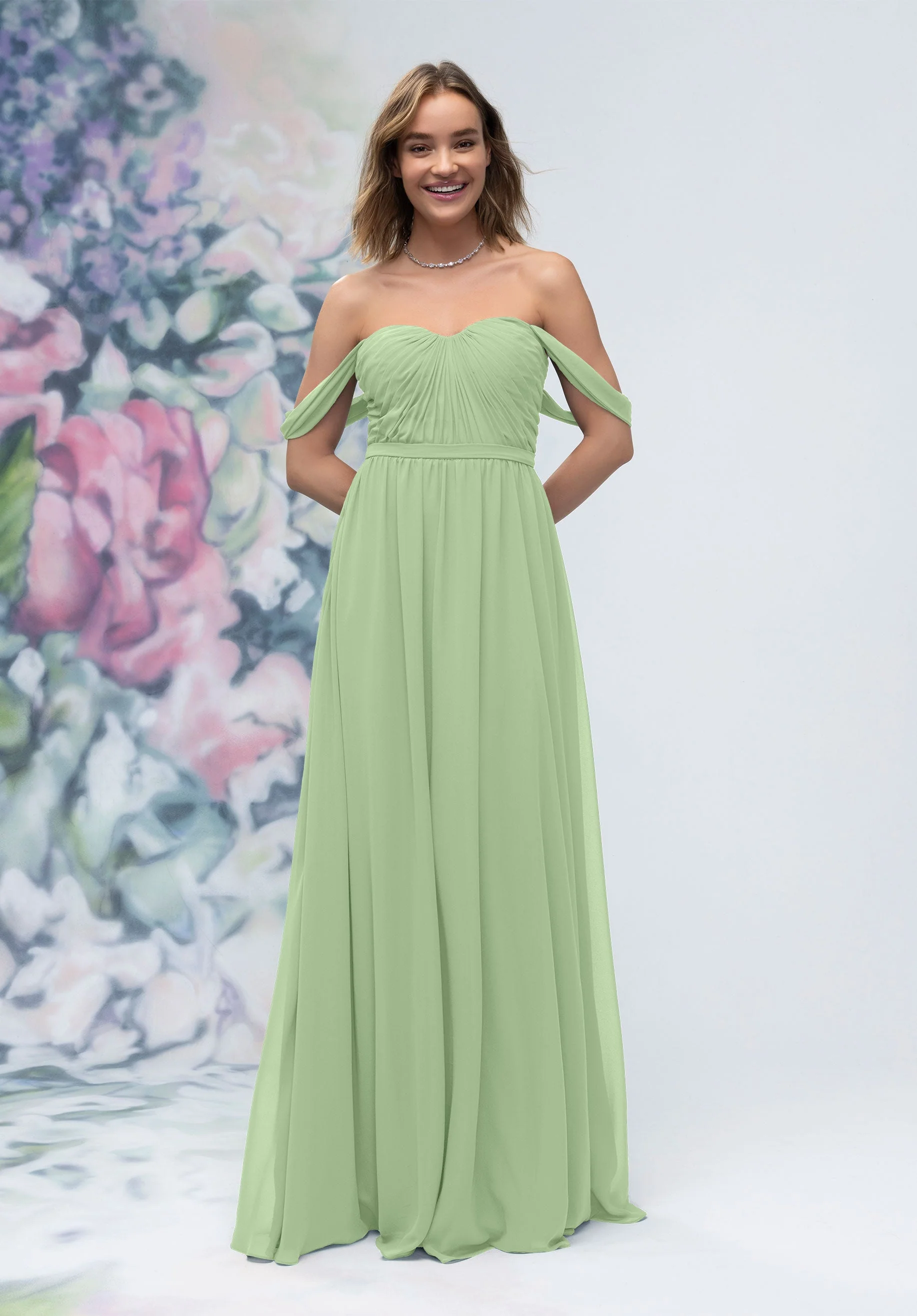 Ruched Sweetheart Chiffon Bridesmaid Dress with Off The Shoulder Sleeves - Image 41