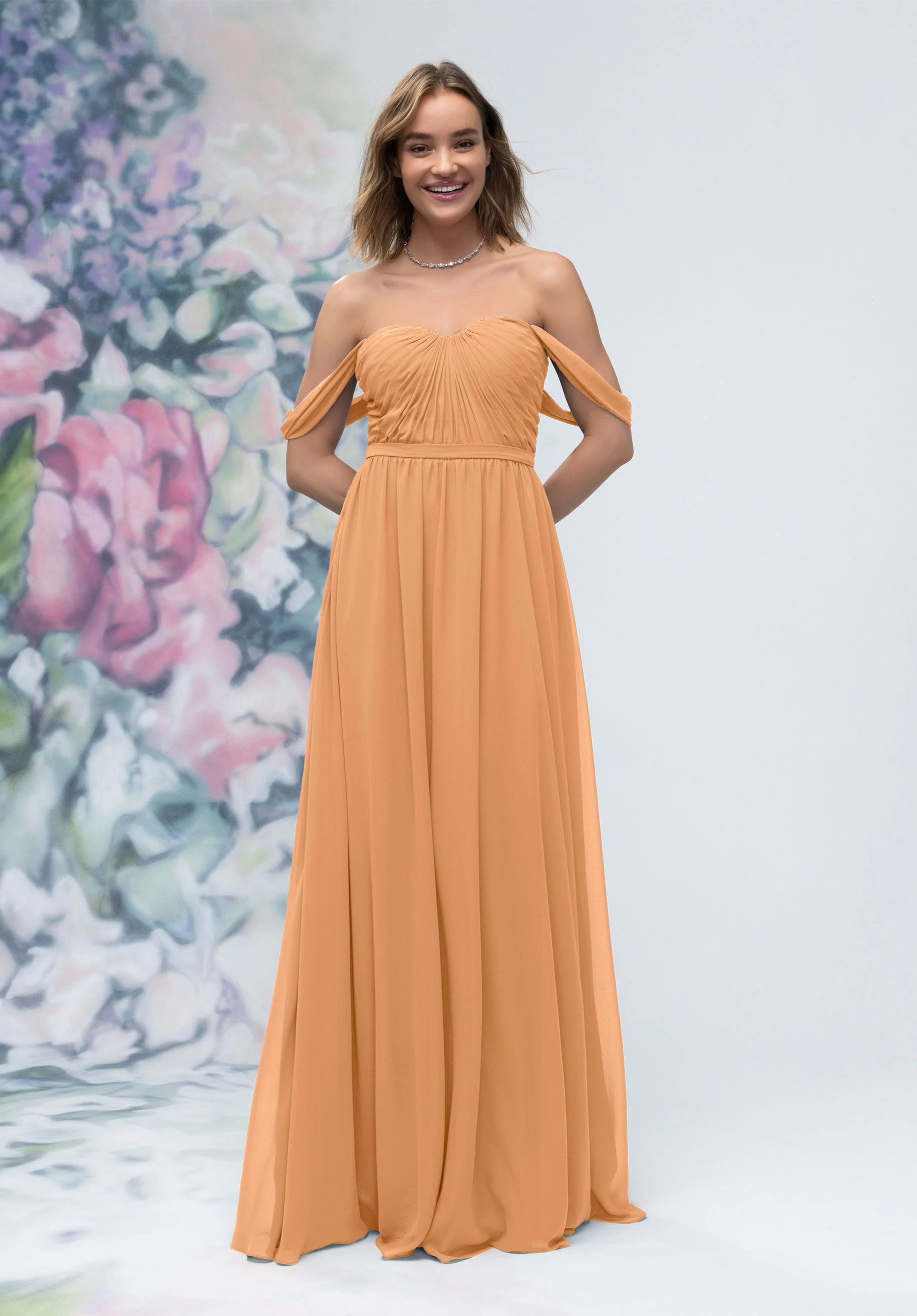 Ruched Sweetheart Chiffon Bridesmaid Dress with Off The Shoulder Sleeves - Image 48