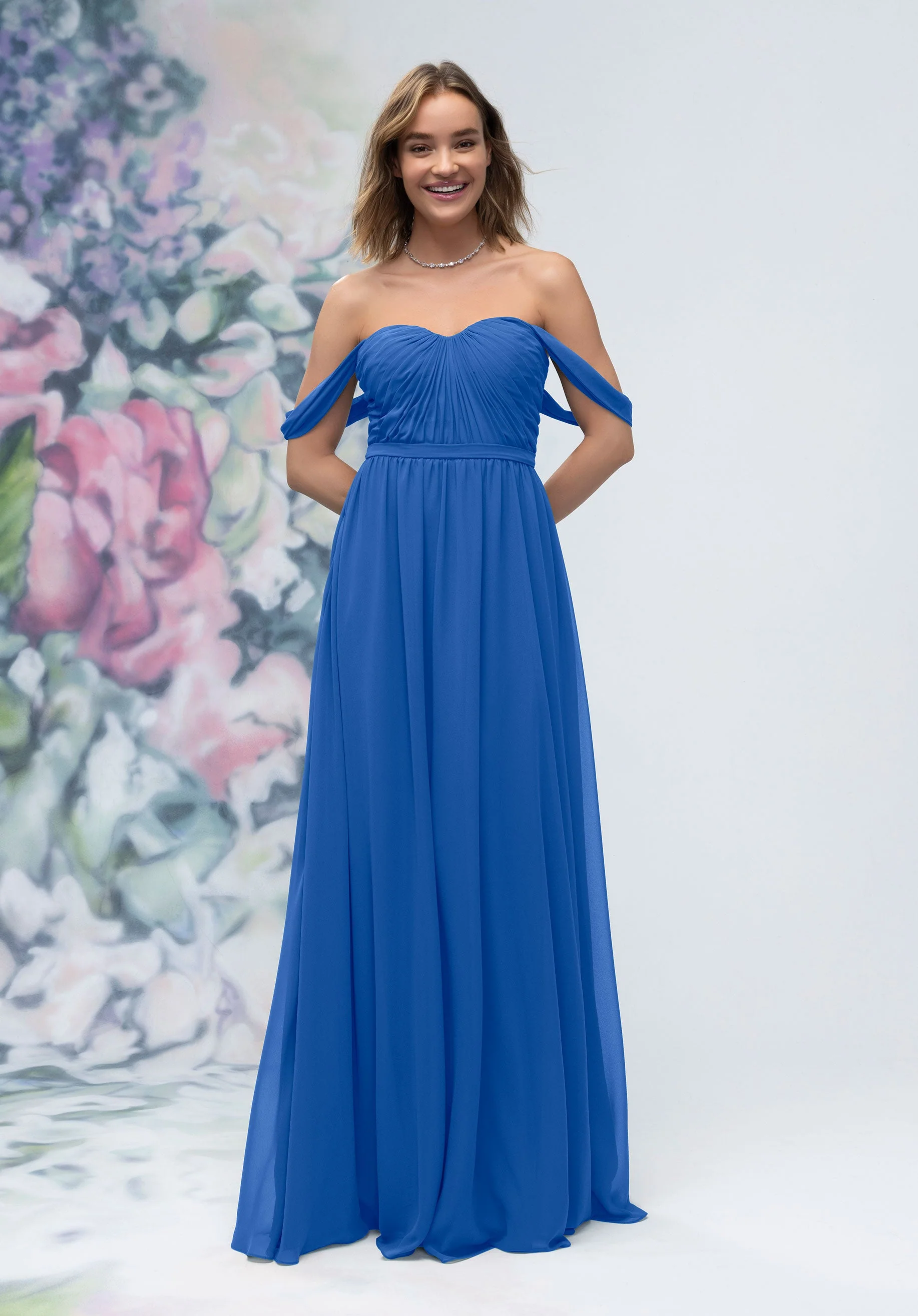 Ruched Sweetheart Chiffon Bridesmaid Dress with Off The Shoulder Sleeves - Image 5
