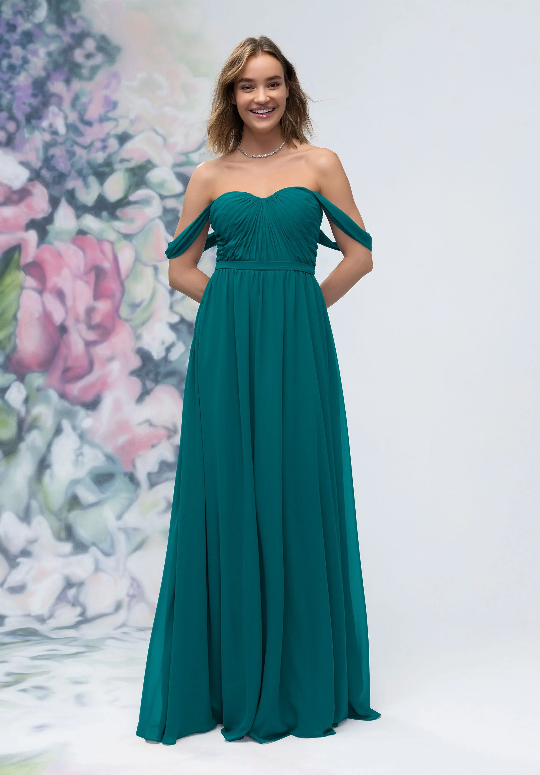 Ruched Sweetheart Chiffon Bridesmaid Dress with Off The Shoulder Sleeves - Image 51