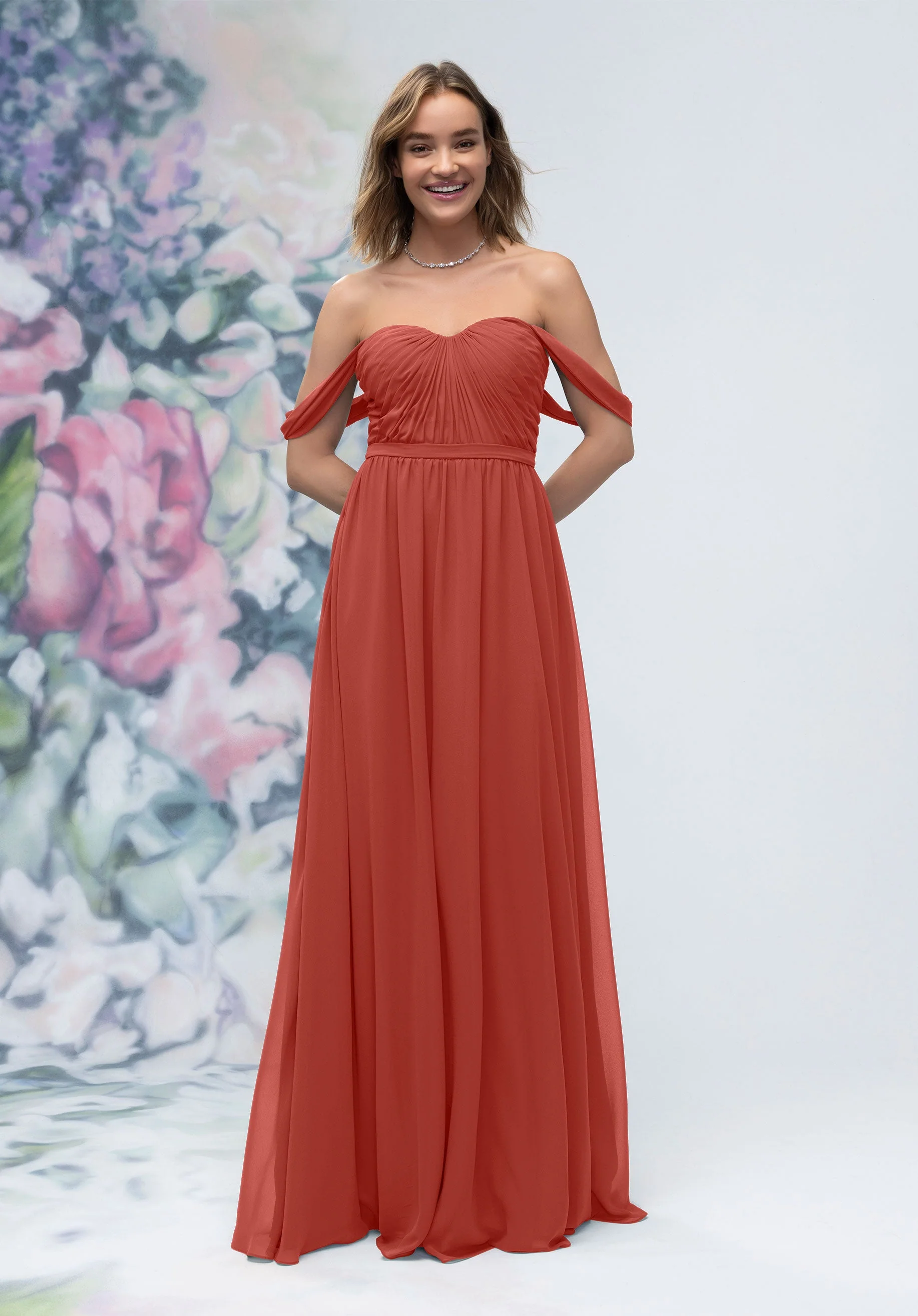 Ruched Sweetheart Chiffon Bridesmaid Dress with Off The Shoulder Sleeves - Image 52
