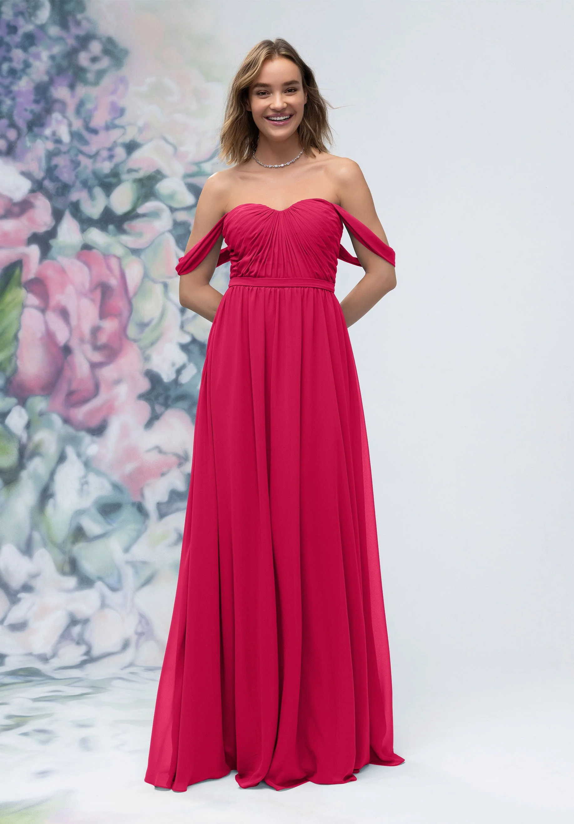 Ruched Sweetheart Chiffon Bridesmaid Dress with Off The Shoulder Sleeves - Image 6