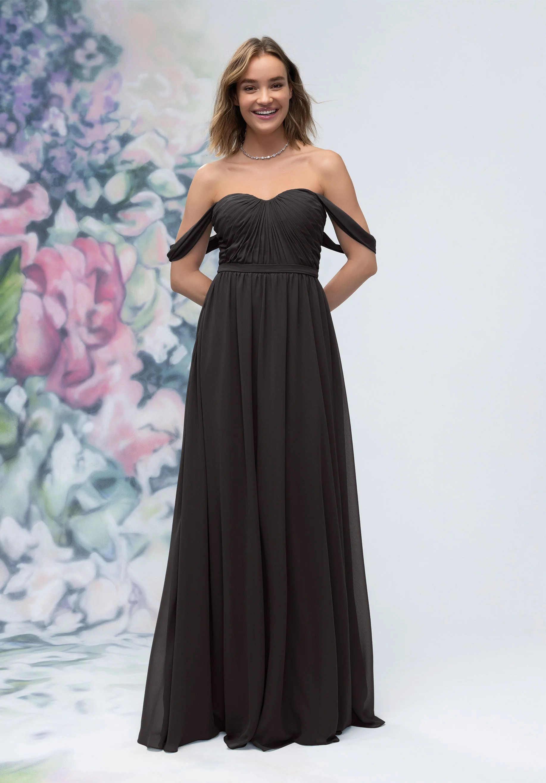 Ruched Sweetheart Chiffon Bridesmaid Dress with Off The Shoulder Sleeves - Image 7