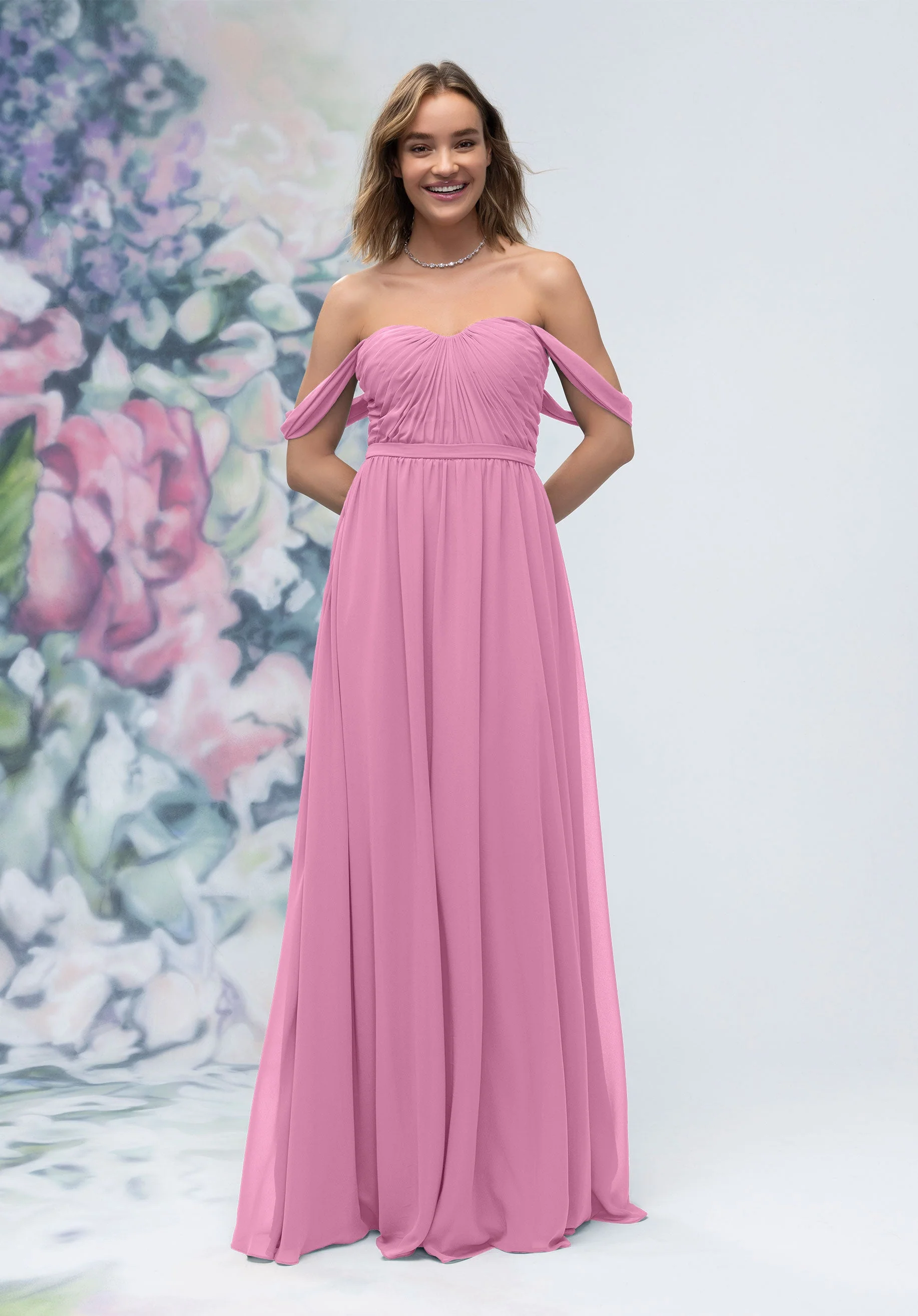 Ruched Sweetheart Chiffon Bridesmaid Dress with Off The Shoulder Sleeves - Image 8