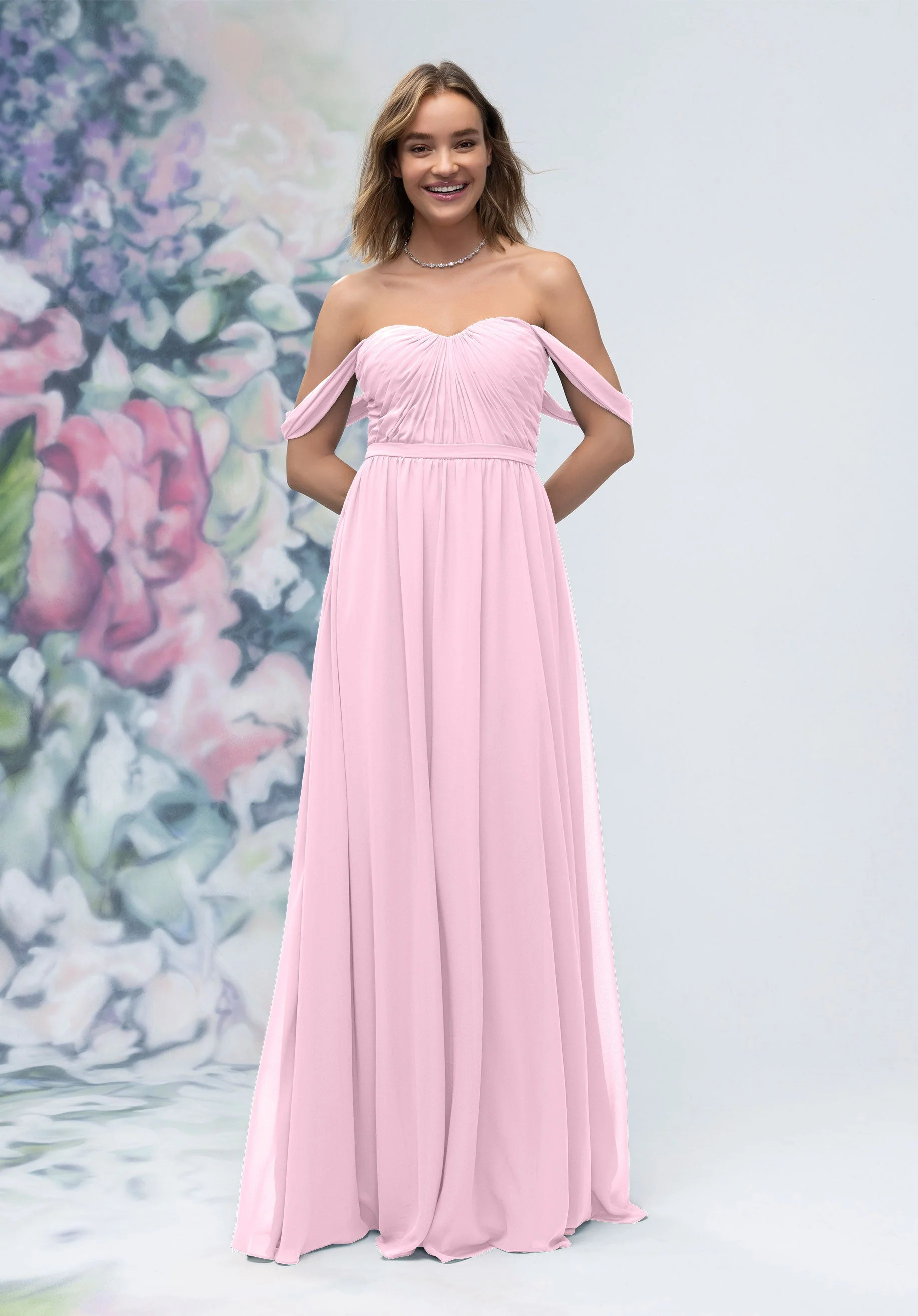 Ruched Sweetheart Chiffon Bridesmaid Dress with Off The Shoulder Sleeves - Image 9