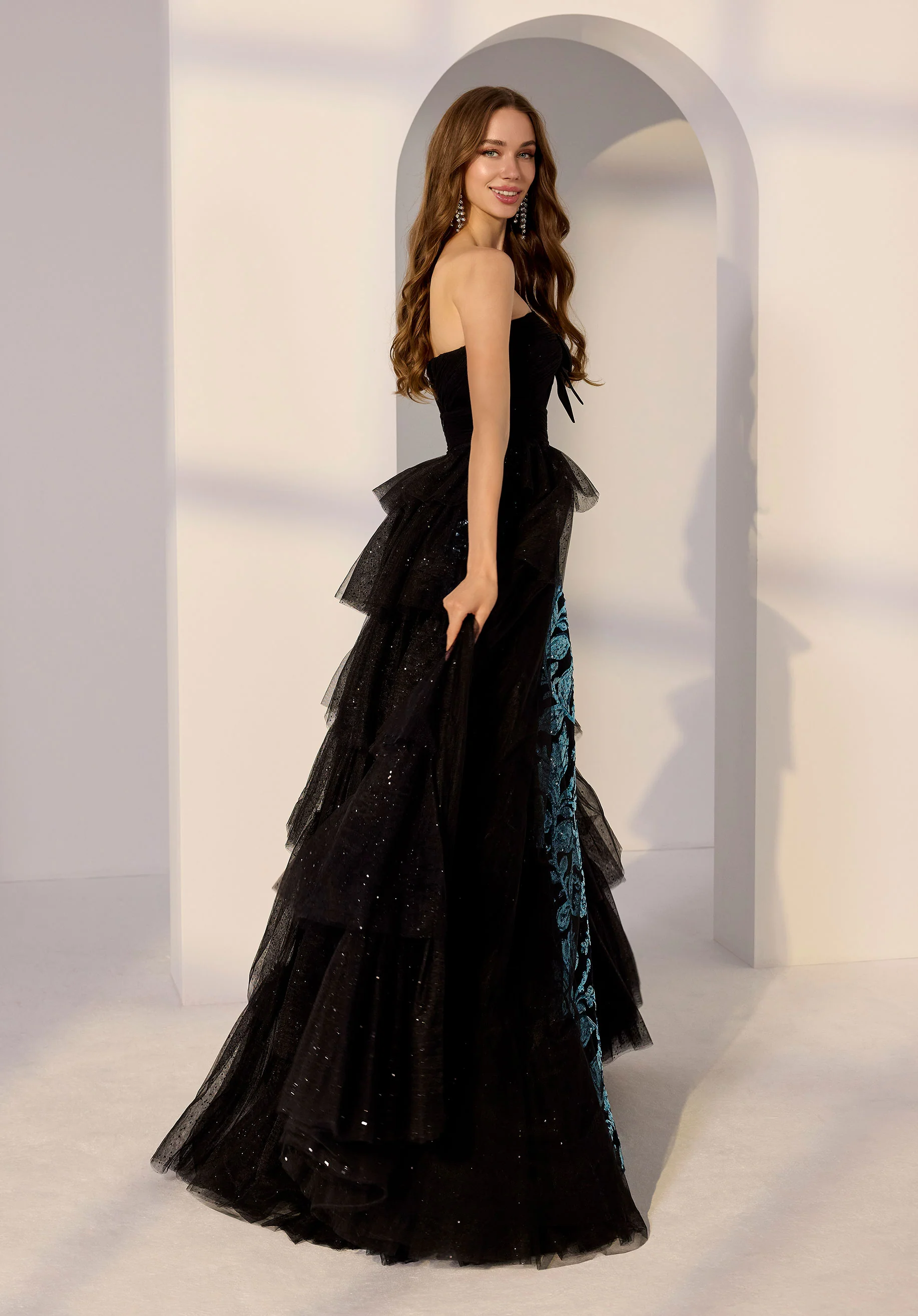Ruched Tulle and Allover Sequin Floral Beaded Party Dress with Detachable Tiered Overskirt - Image 3