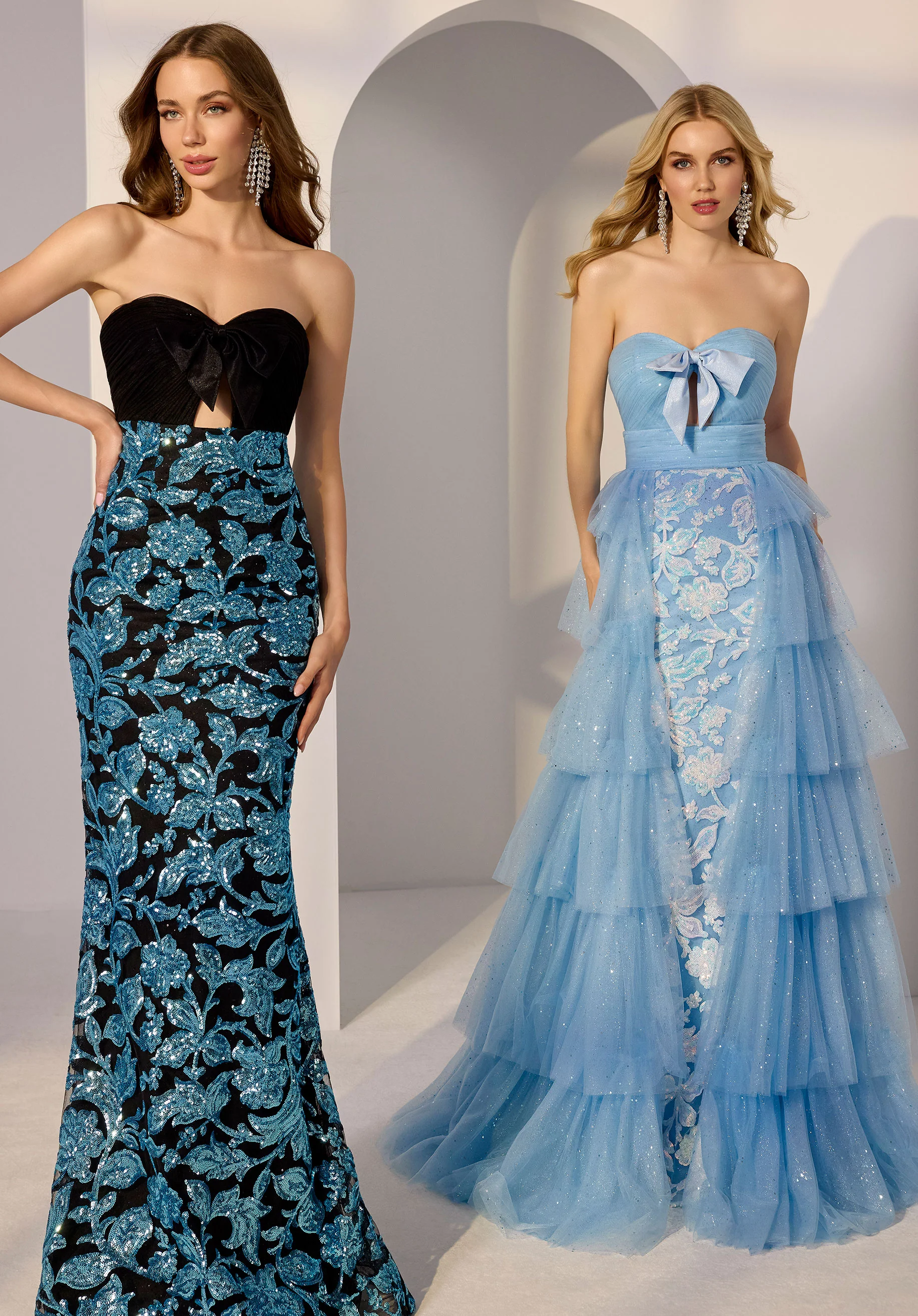 Ruched Tulle and Allover Sequin Floral Beaded Party Dress with Detachable Tiered Overskirt - Image 8