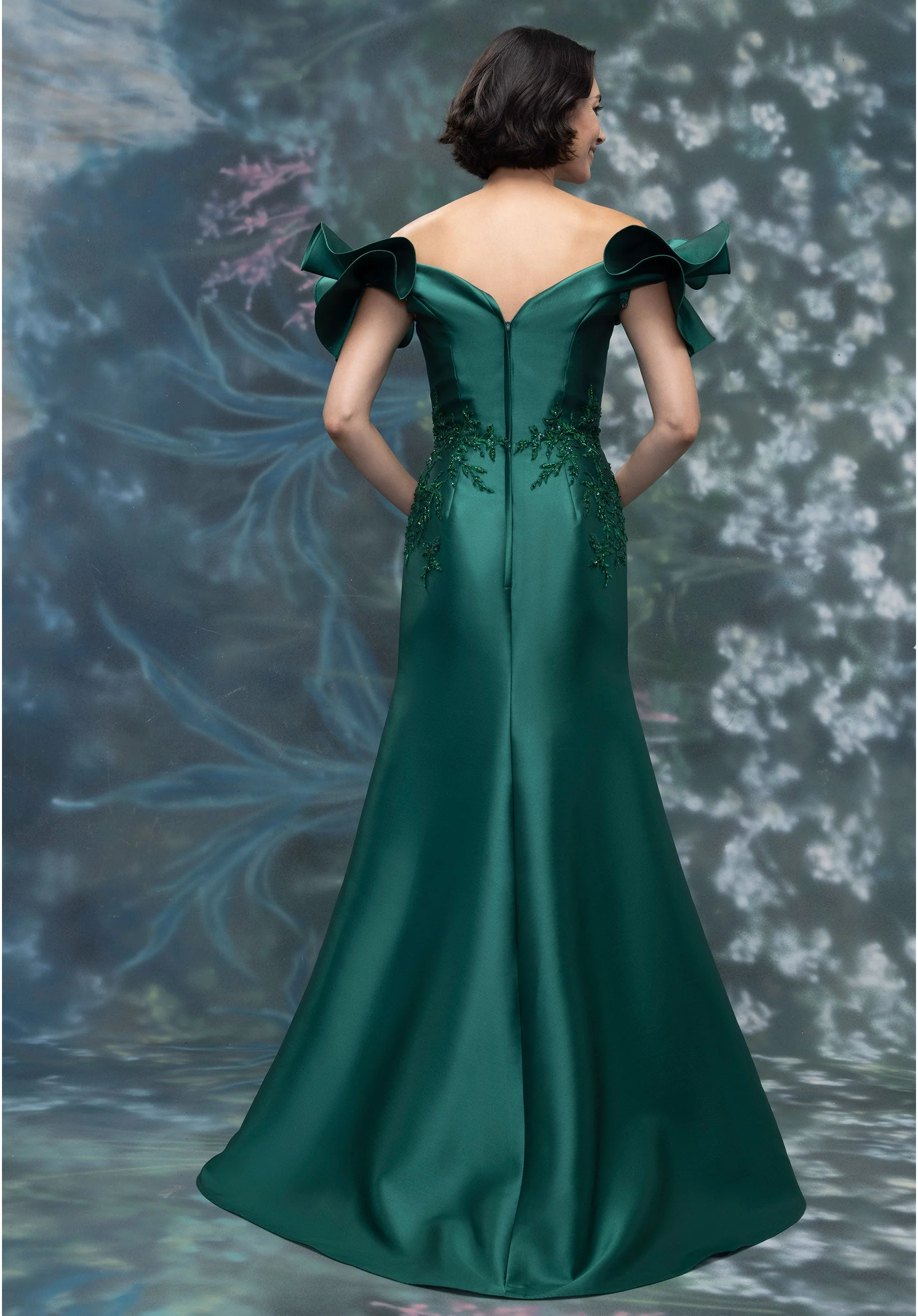 Ruffle Shoulder Mikado Evening Gown with Beaded Embroidery - Image 3