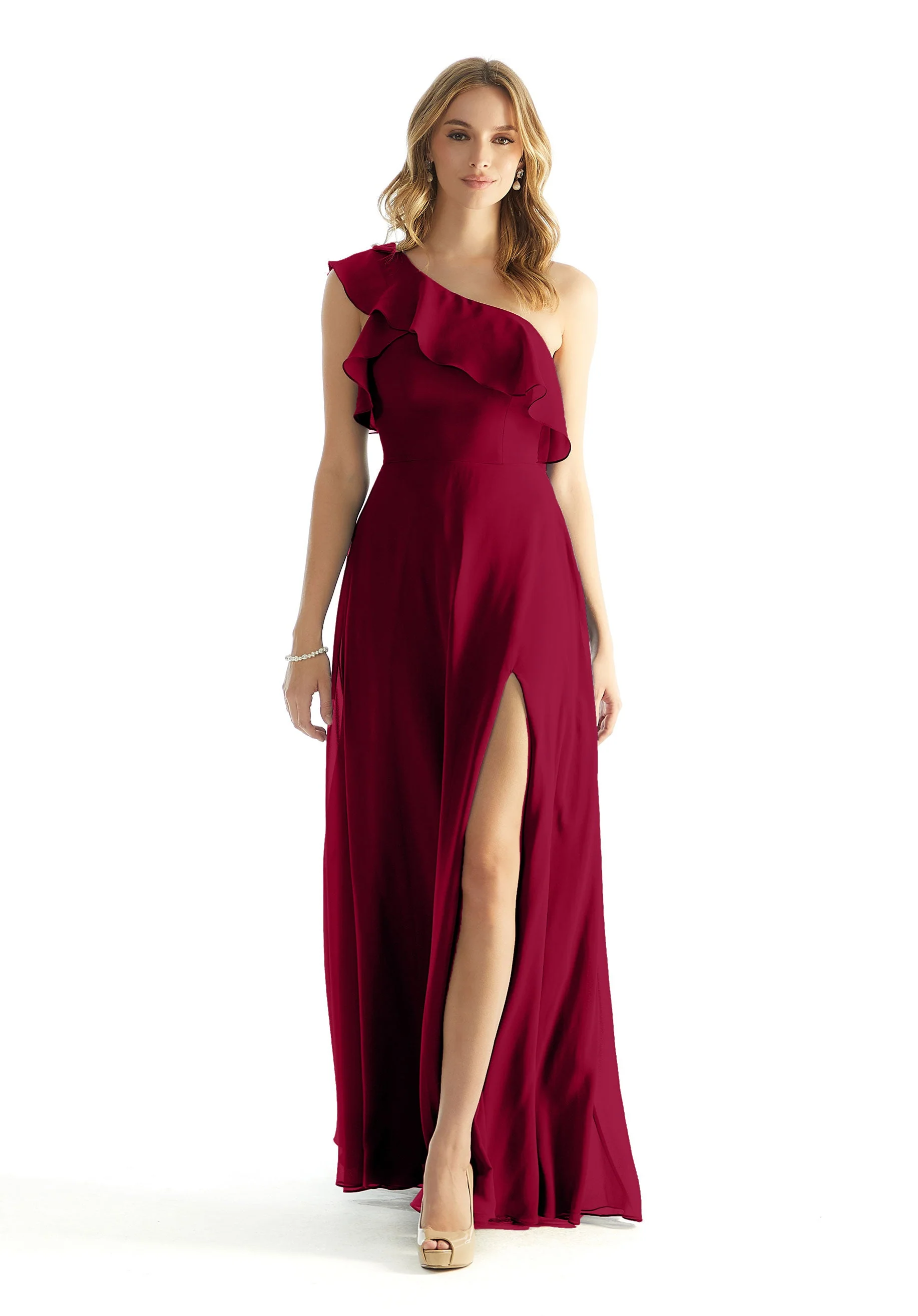 Ruffled One Shoulder Chiffon Bridesmaid Dress - Image 42