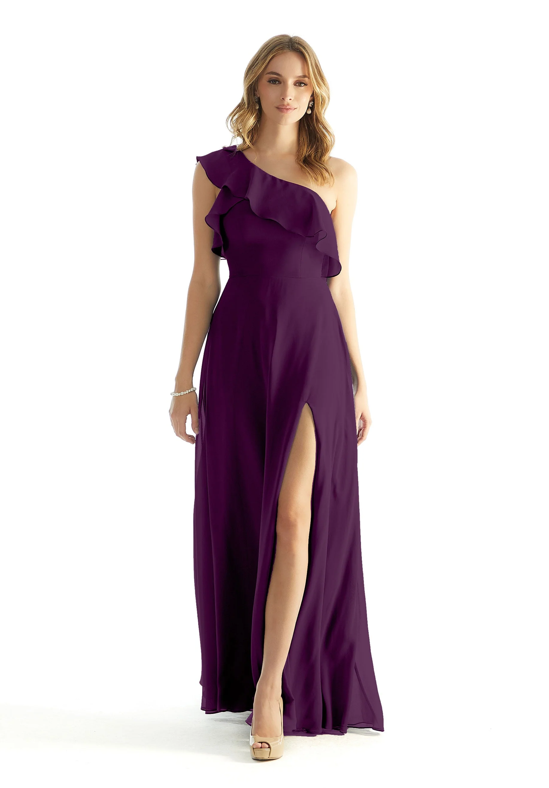 Ruffled One Shoulder Chiffon Bridesmaid Dress - Image 48