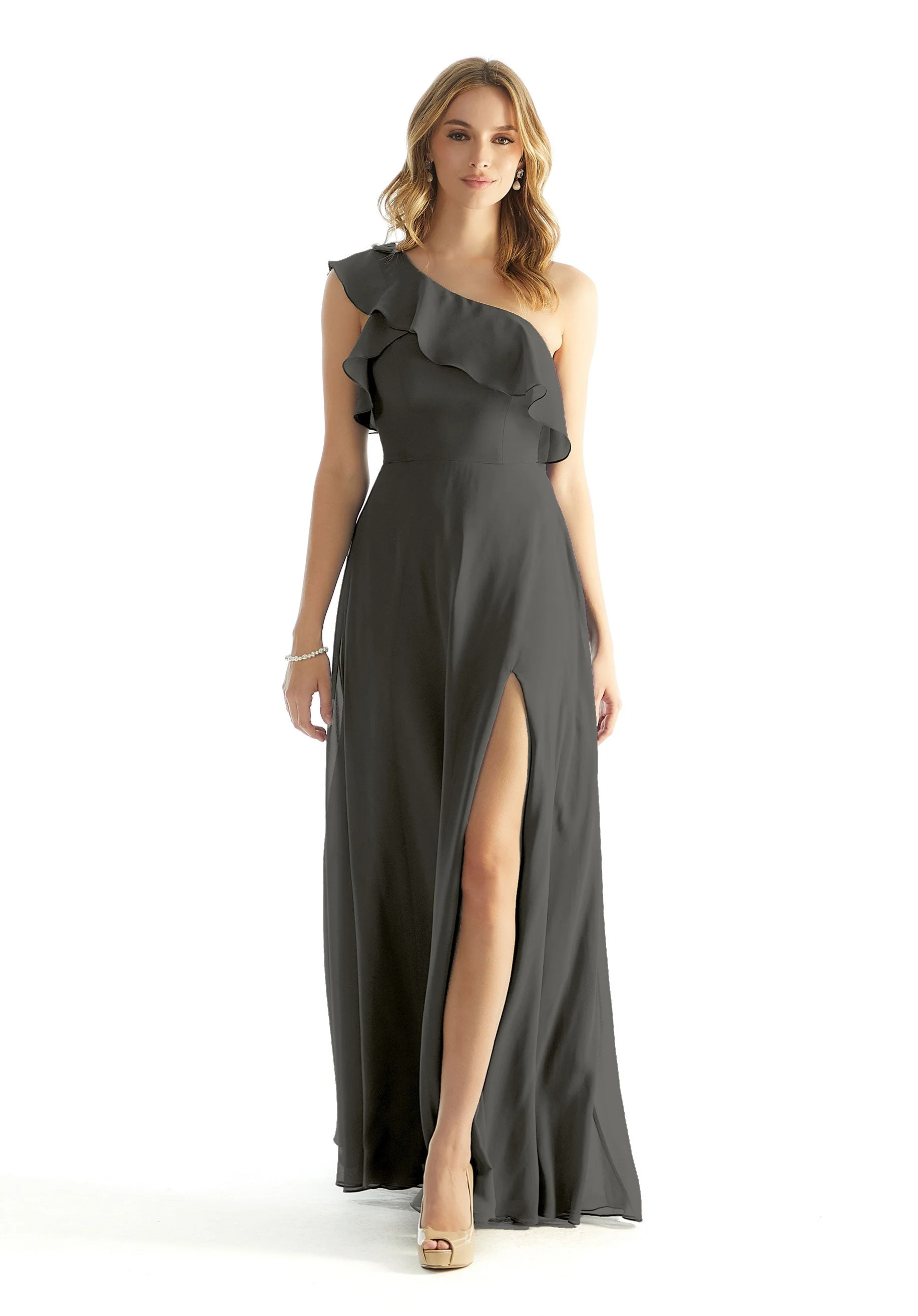 Ruffled One Shoulder Chiffon Bridesmaid Dress - Image 54